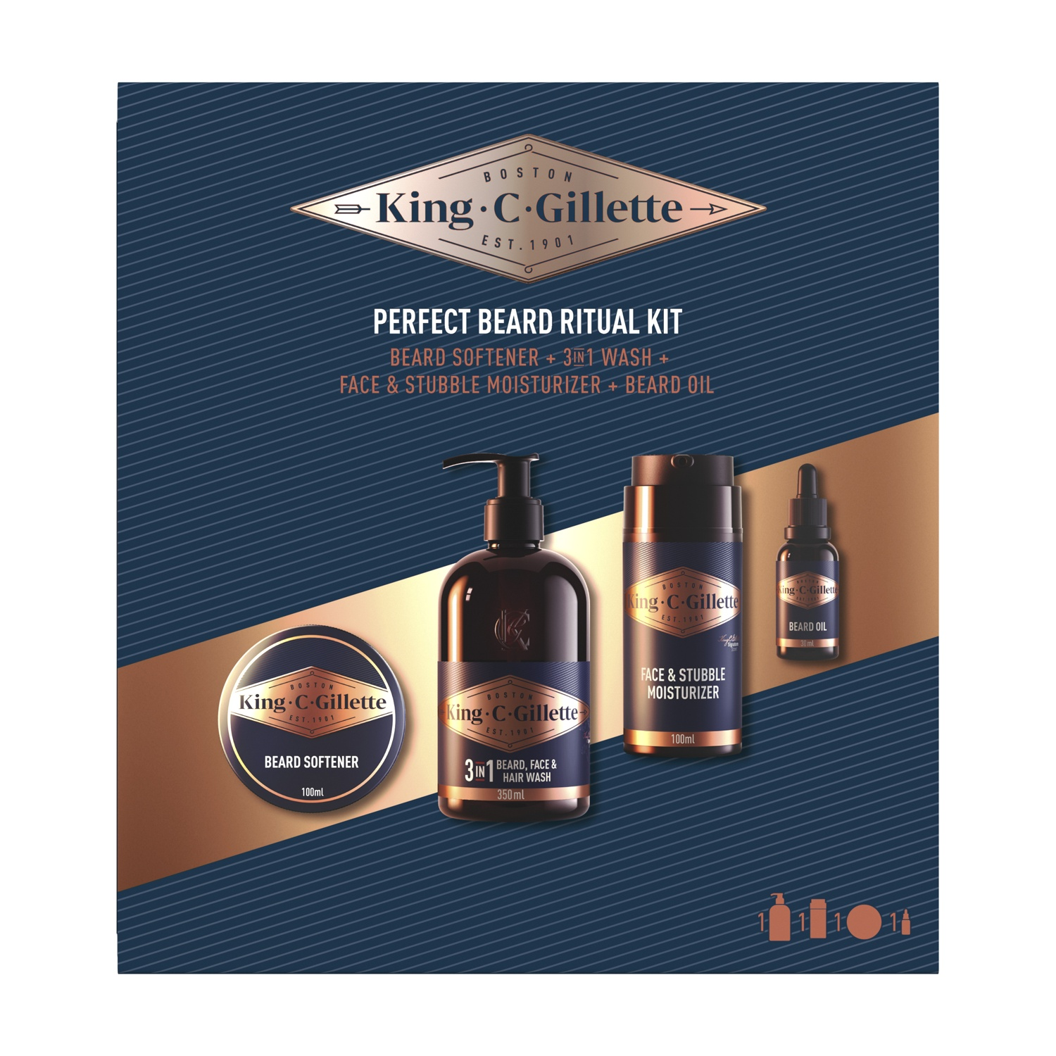 Kit per la cura della barba King C. Gillette, più prodotti, scuro.
