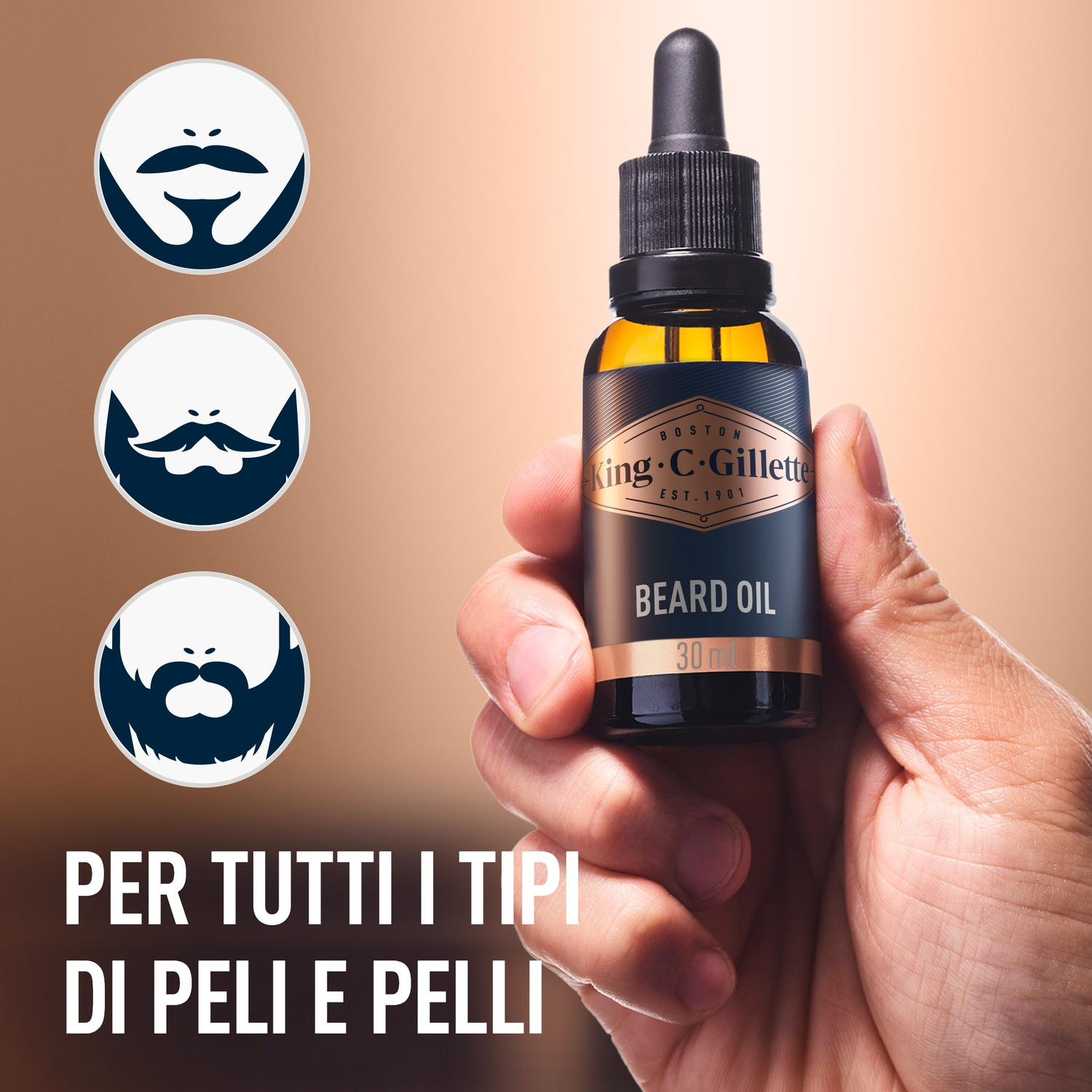 Una bottiglia di olio per barba con tre icone di stile barba. Una mano tiene la bottiglia.