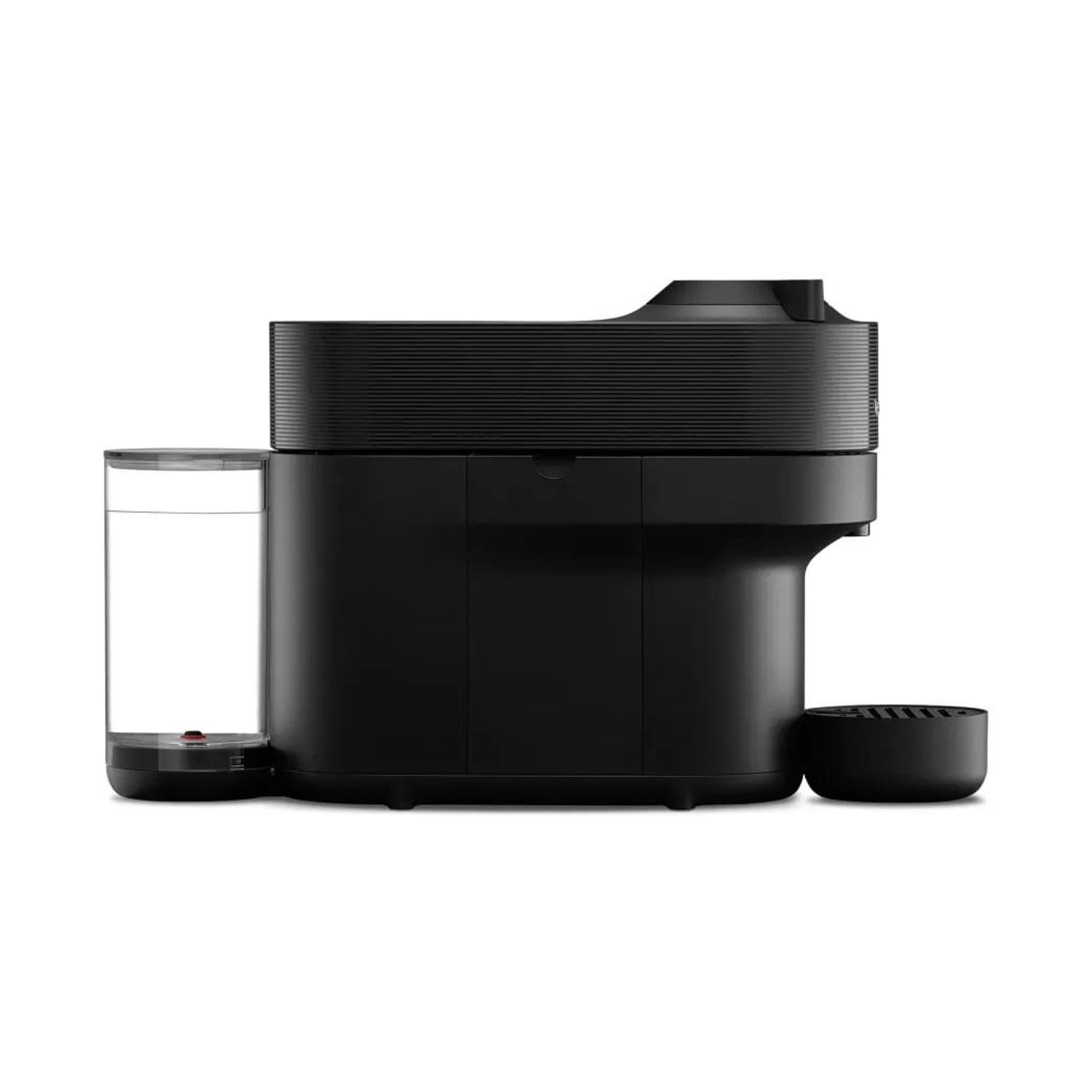 Macchina da caffè nera con serbatoio dell'acqua e vassoio raccogli gocce.