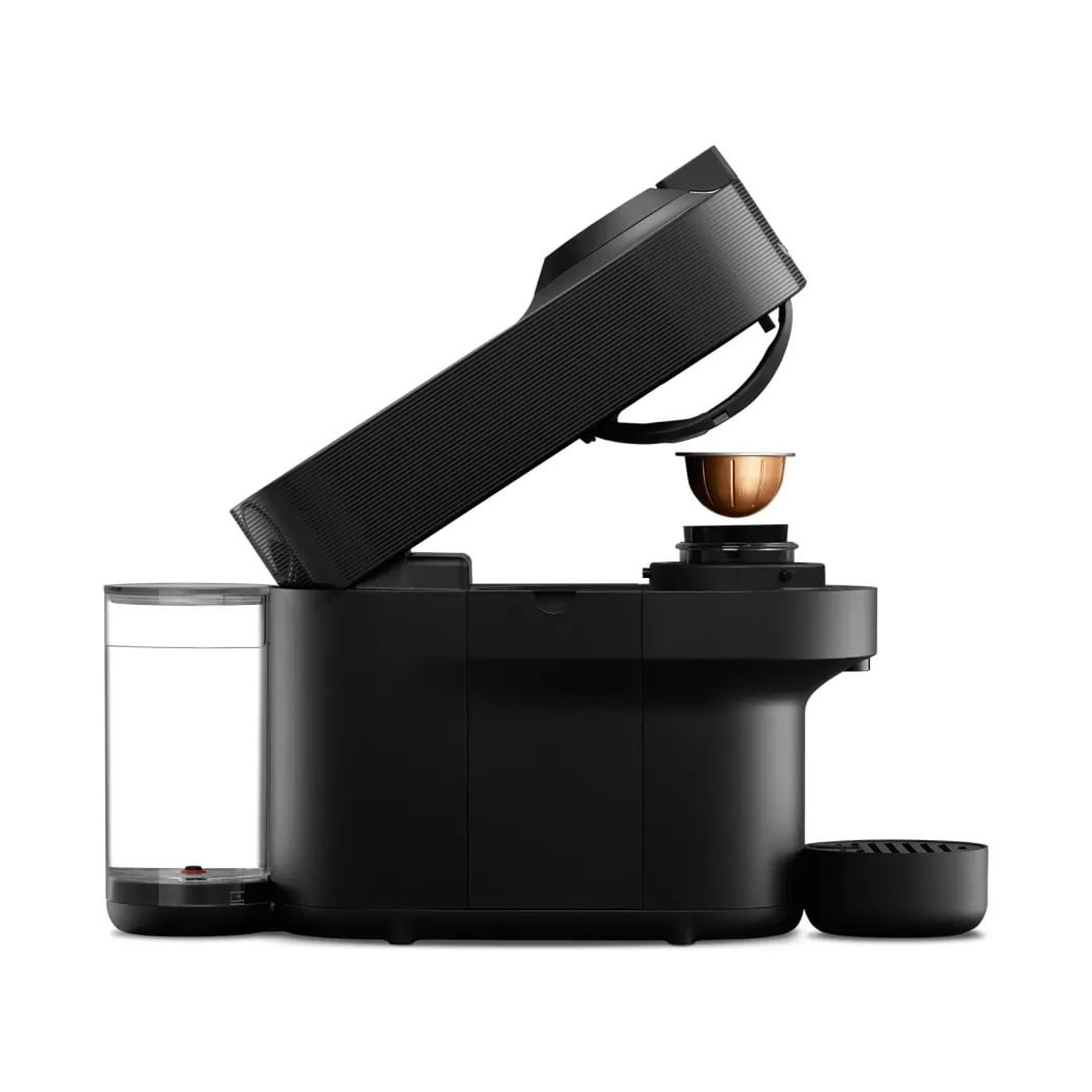 Macchina da caffè nera con la parte superiore aperta, è presente una cialda di caffè.