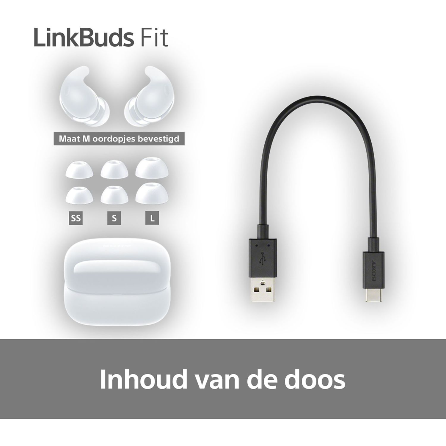 Een witte doos, oordopjes en een USB-kabel, met tekst, op een witte achtergrond.