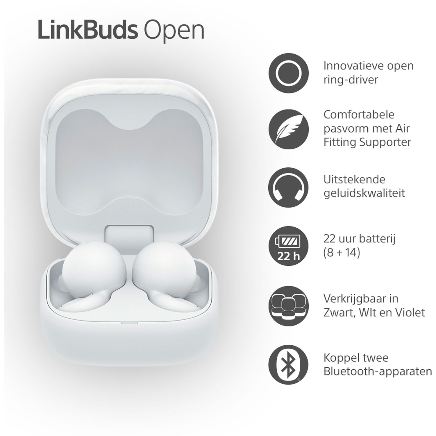 White earbuds in a white case, with info icons on right.