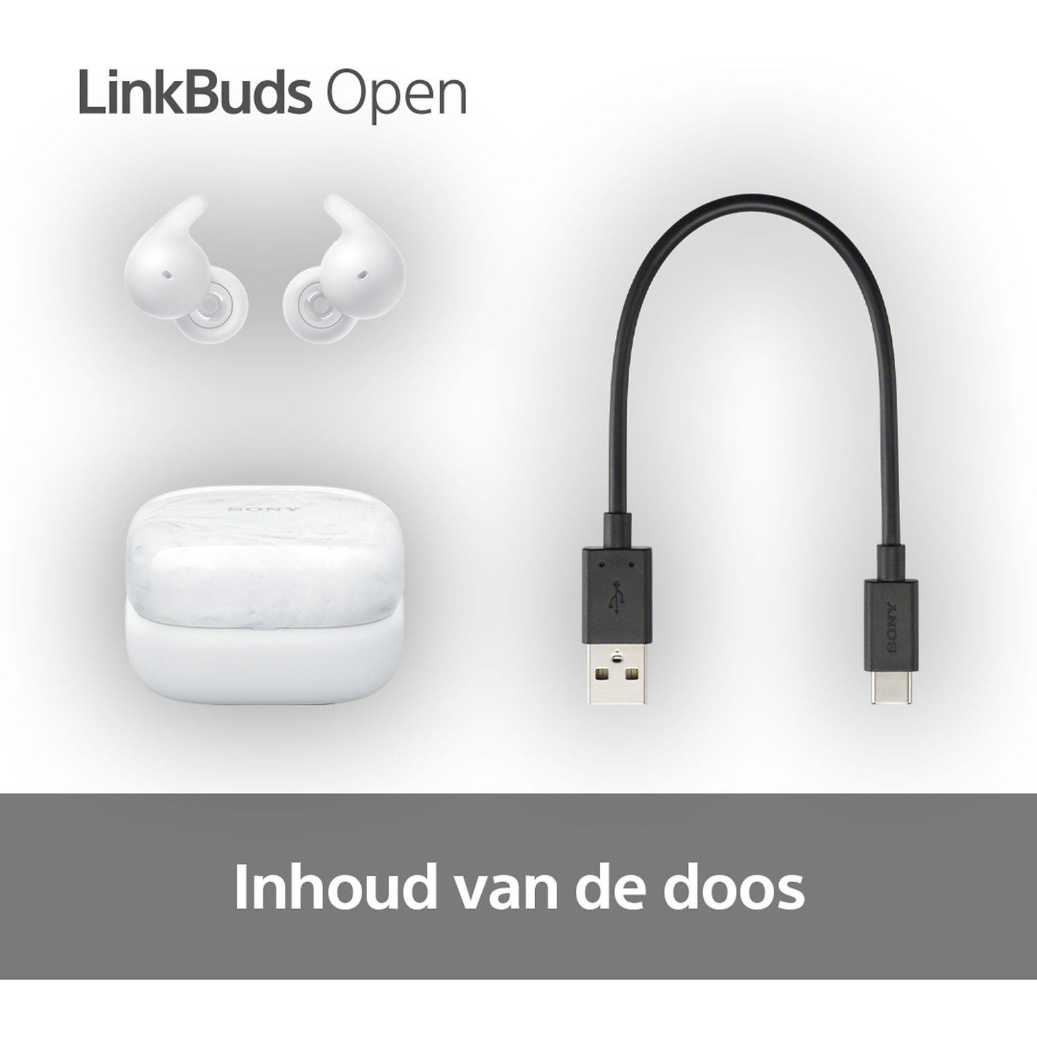 White Sony LinkBuds Open earbuds, charging case, and a black charging cable, all on white background.