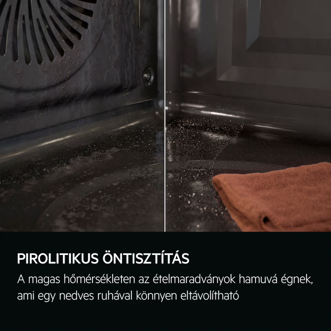 Sütő belseje tisztítási maradványokkal, szöveggel: Pirolitikus tisztítás. Sütőt nedves ruhával tisztítsuk.