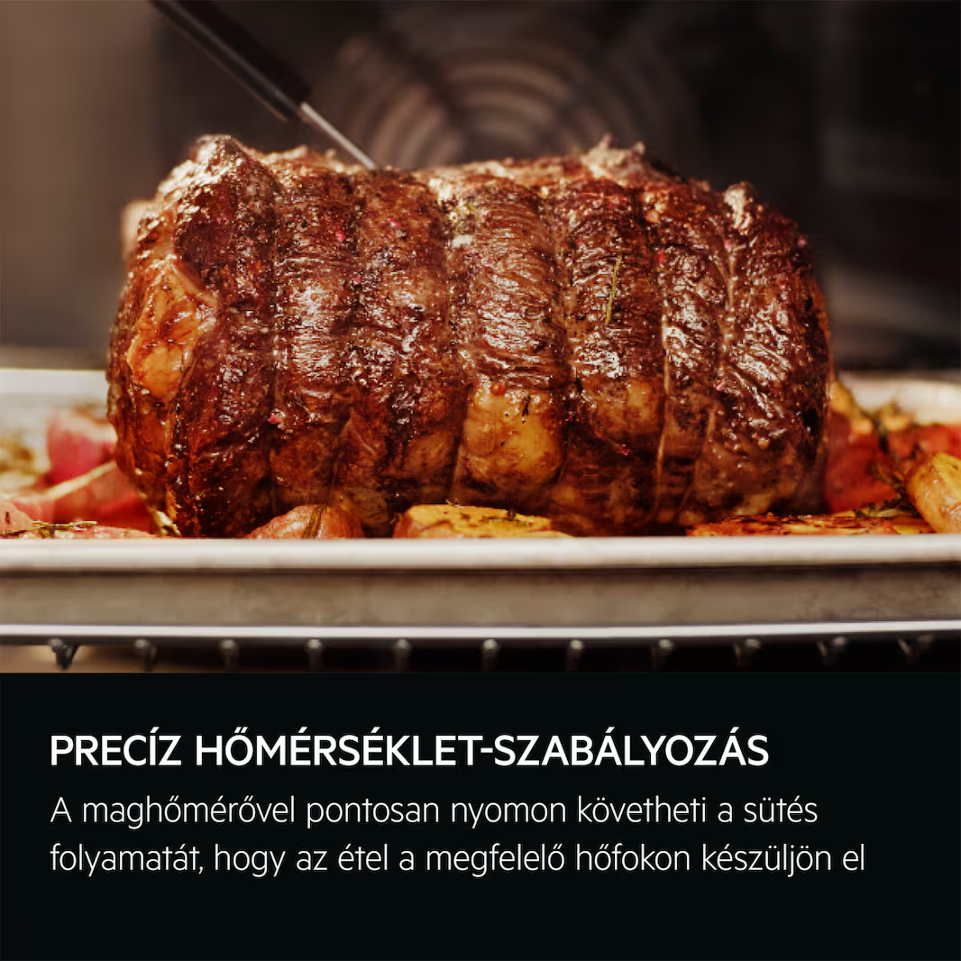 Sült hús tálcán, szöveggel a pontos hőmérséklet-szabályozásról.