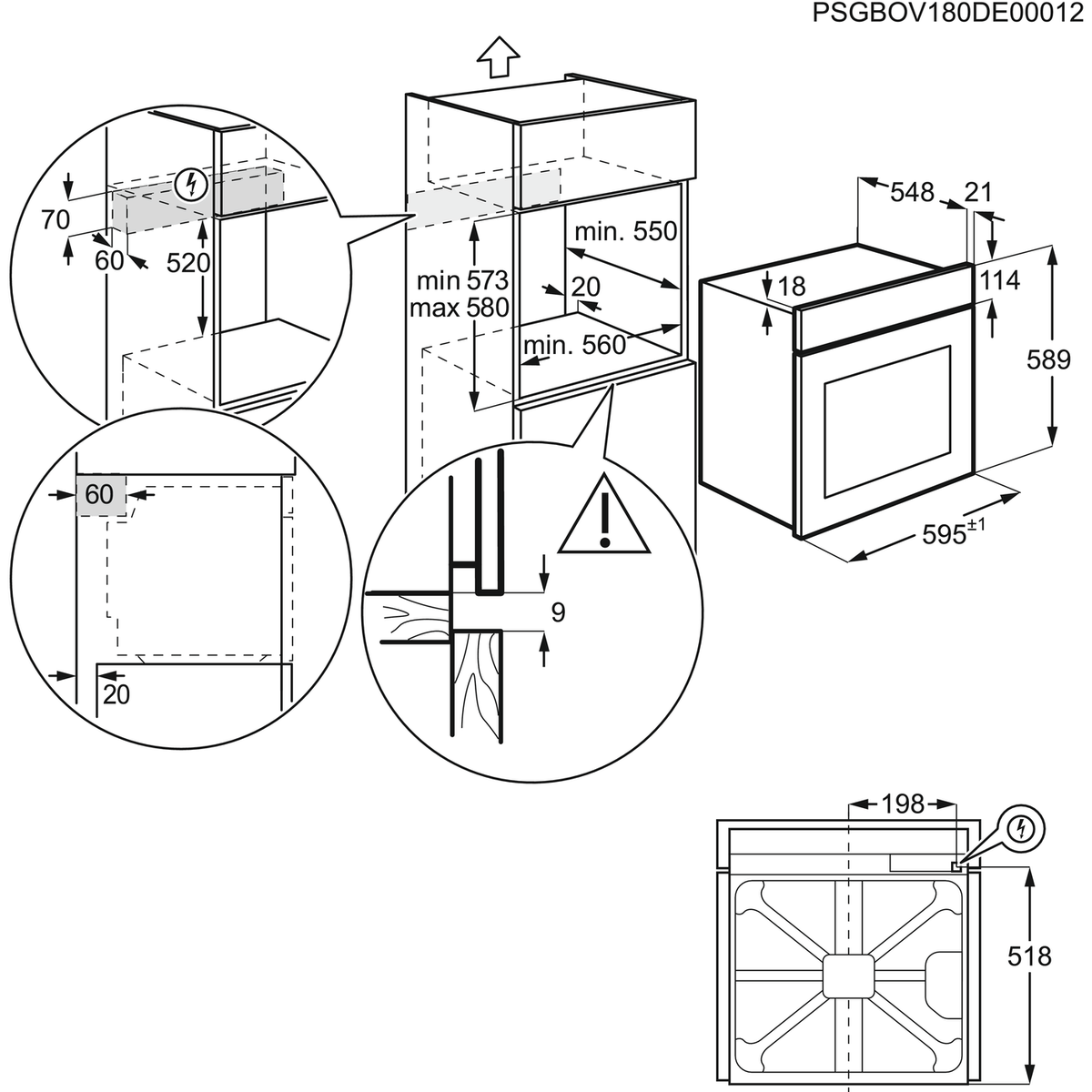 Diagram a sütő méreteit mutatja, méretekkel és címkékkel.