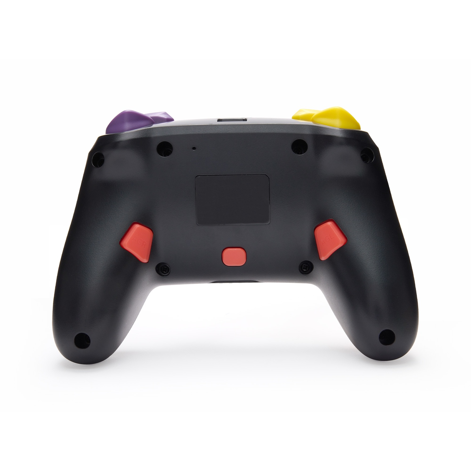 Una vista posteriore di un controller di gioco nero con pulsanti colorati.