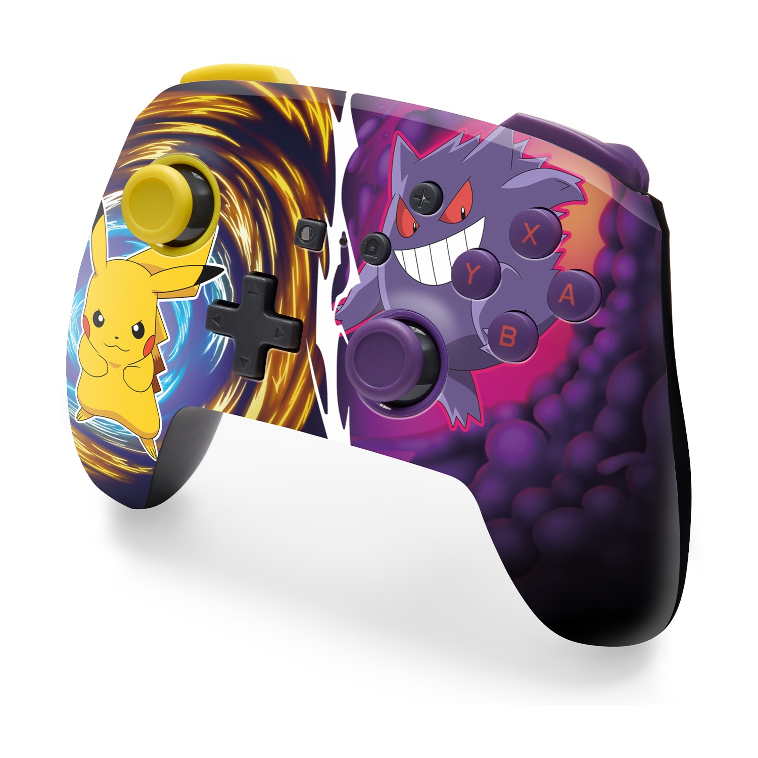 Un controller per videogiochi con grafica di Pikachu e Gengar. Pulsanti gialli e viola, e un D-pad nero.