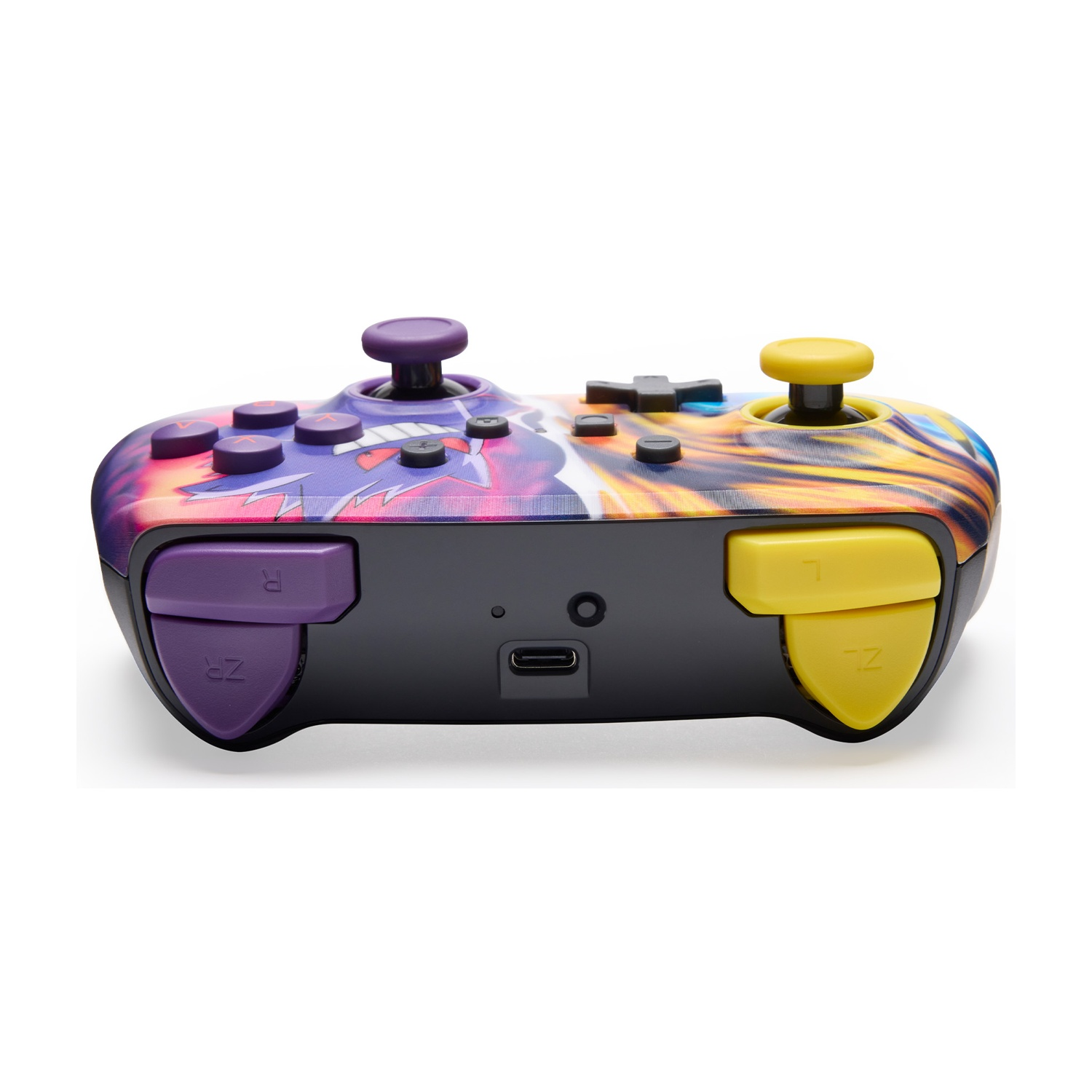 Un controller Switch viola e giallo. Ha una base nera e un joystick viola.