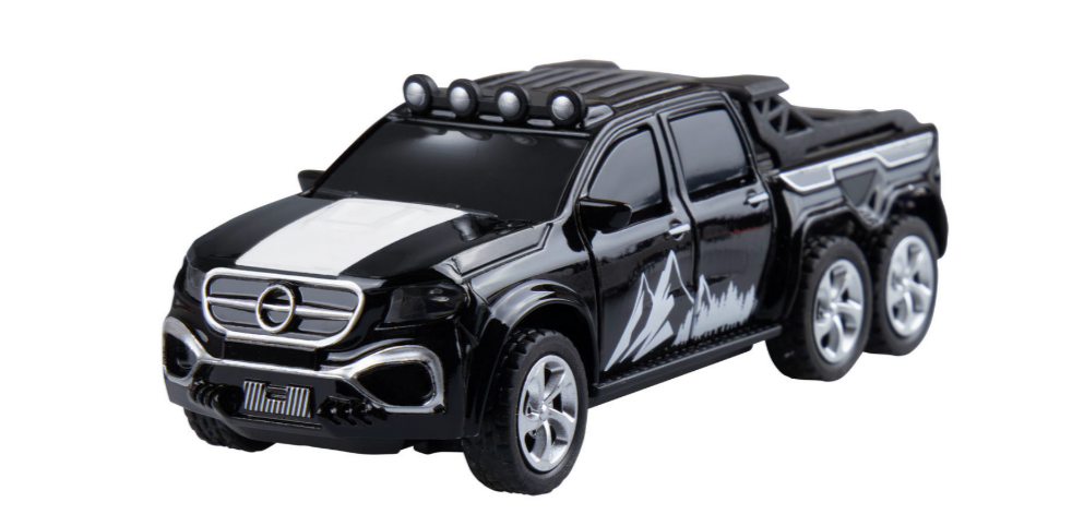 Schwarzer Spielzeug-Truck mit sechs Rädern, weißem Streifen und Bergmotiv.