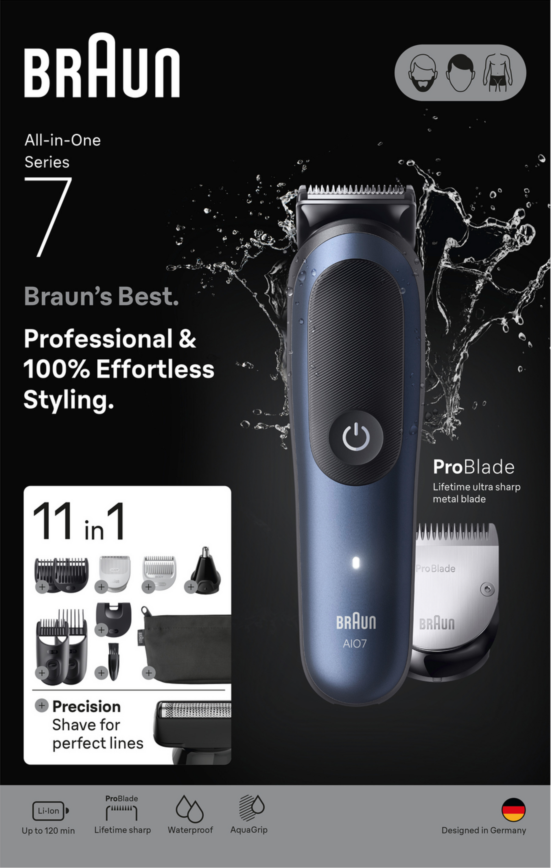 Braun Series 7 All-in-One Trimmer mit Zubehör und Produktinformationen.