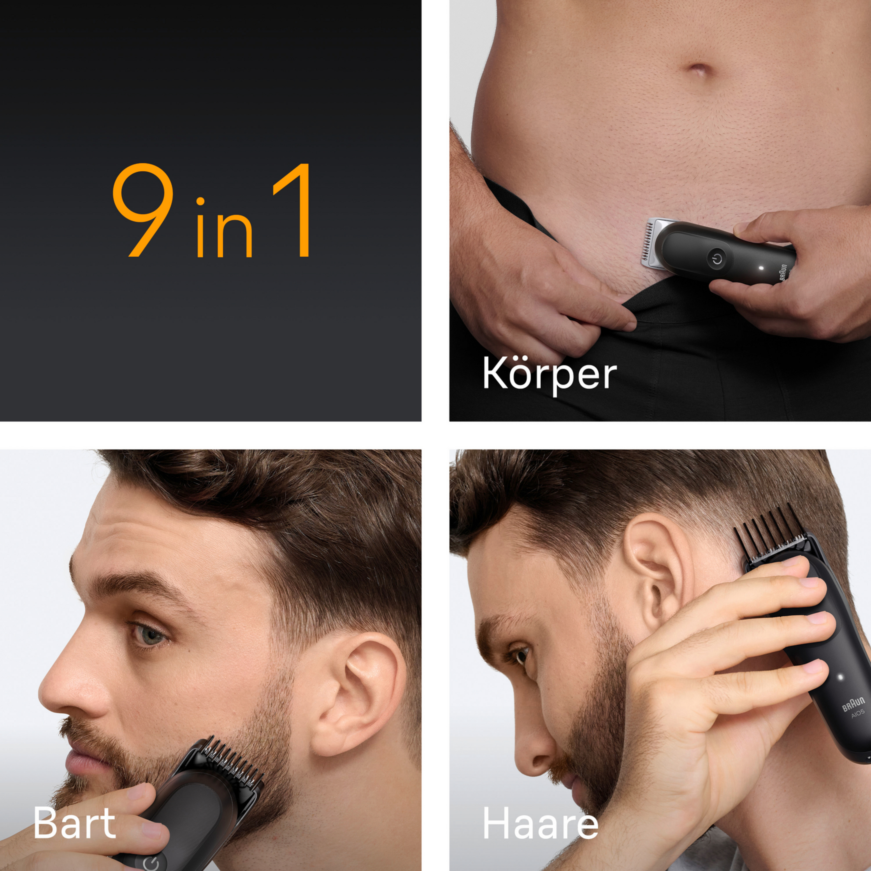 Ein Mann, der einen Braun Multi-Groomer benutzt. Mehrere Grooming-Szenarien werden gezeigt.