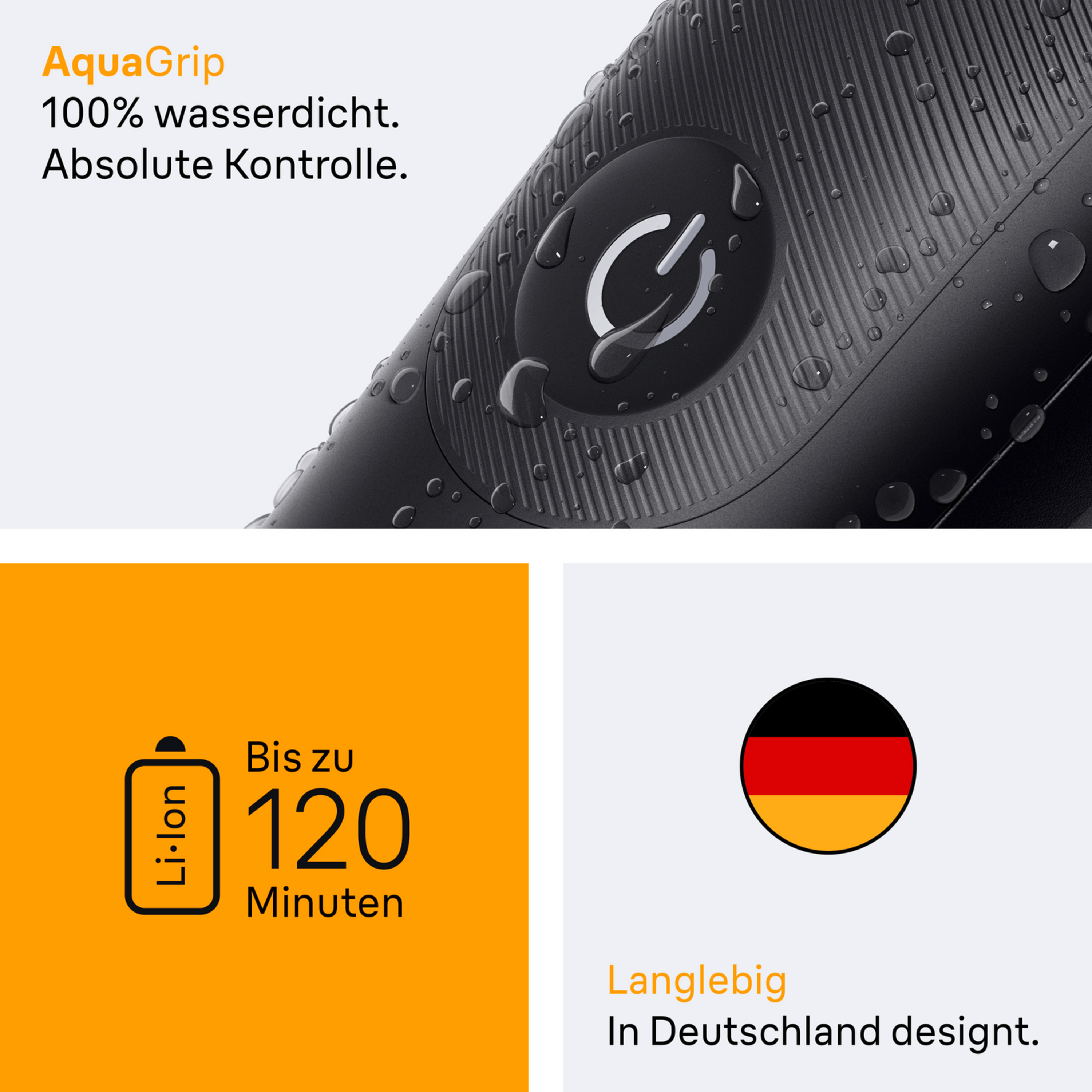 Schwarzer Elektrorasierer mit Wassertropfen. Text: 120 Minuten.