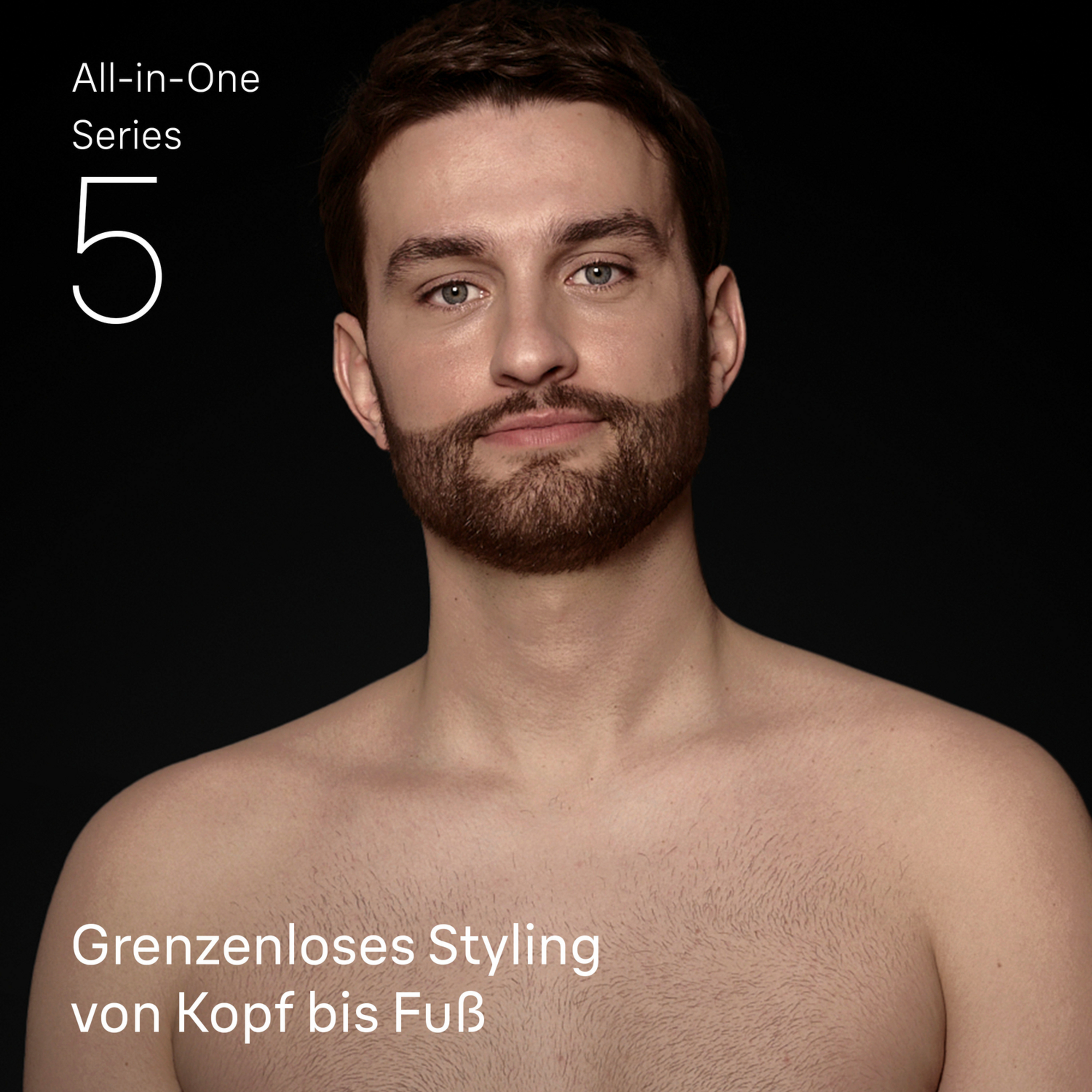Mann mit Bart, blickt den Betrachter an. Text: All-in-One Series 5 und Grenzeloses Styling.