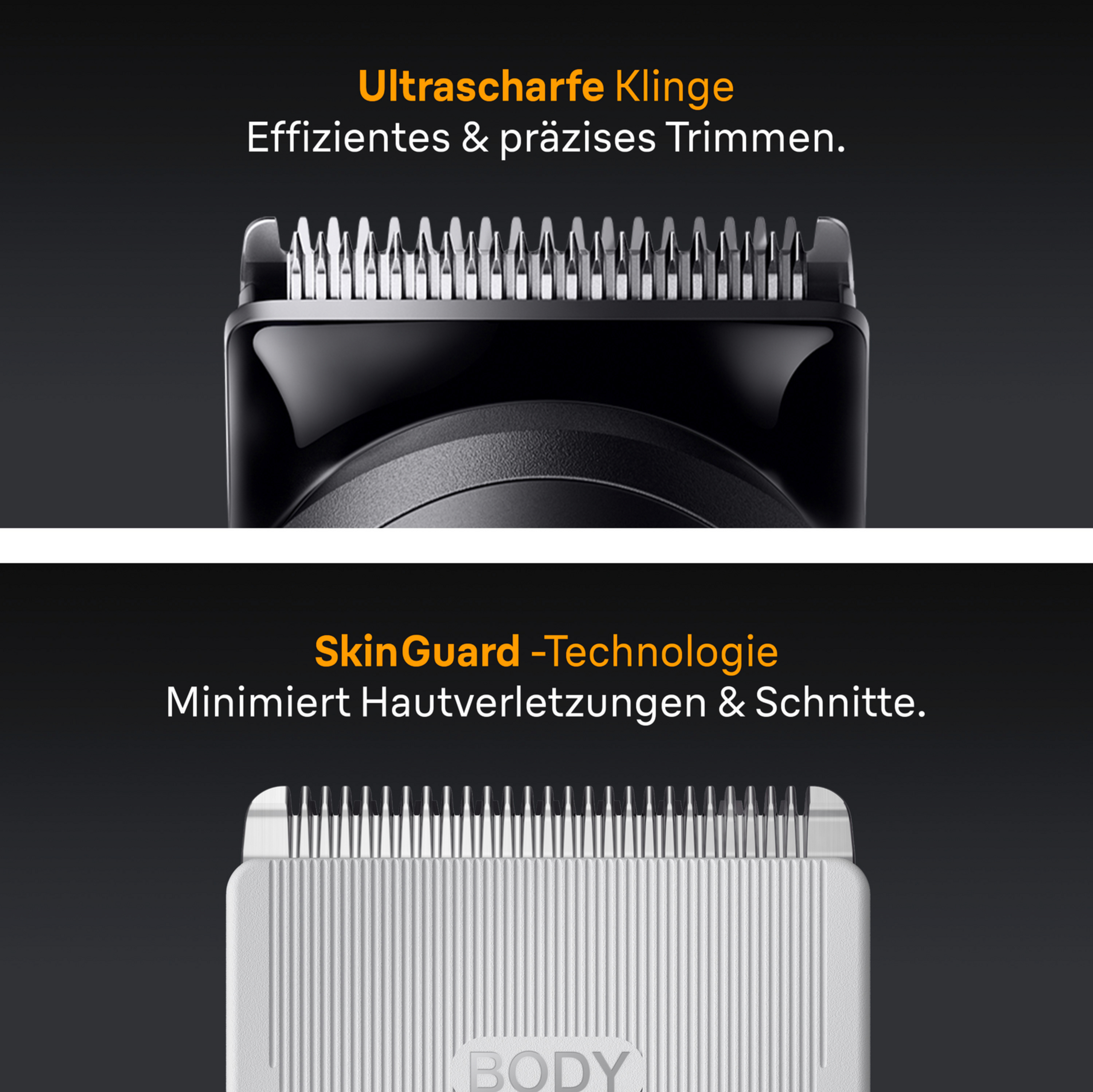 Nahaufnahme des Rasiererkopfs mit Klingen und SkinGuard-Technologie.
