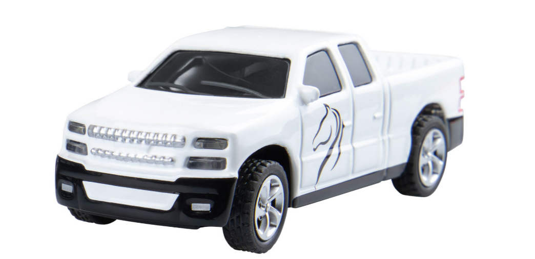 Ein weißer Spielzeug-Pickup-Truck mit einer schwarzen Pferdesilhouette.