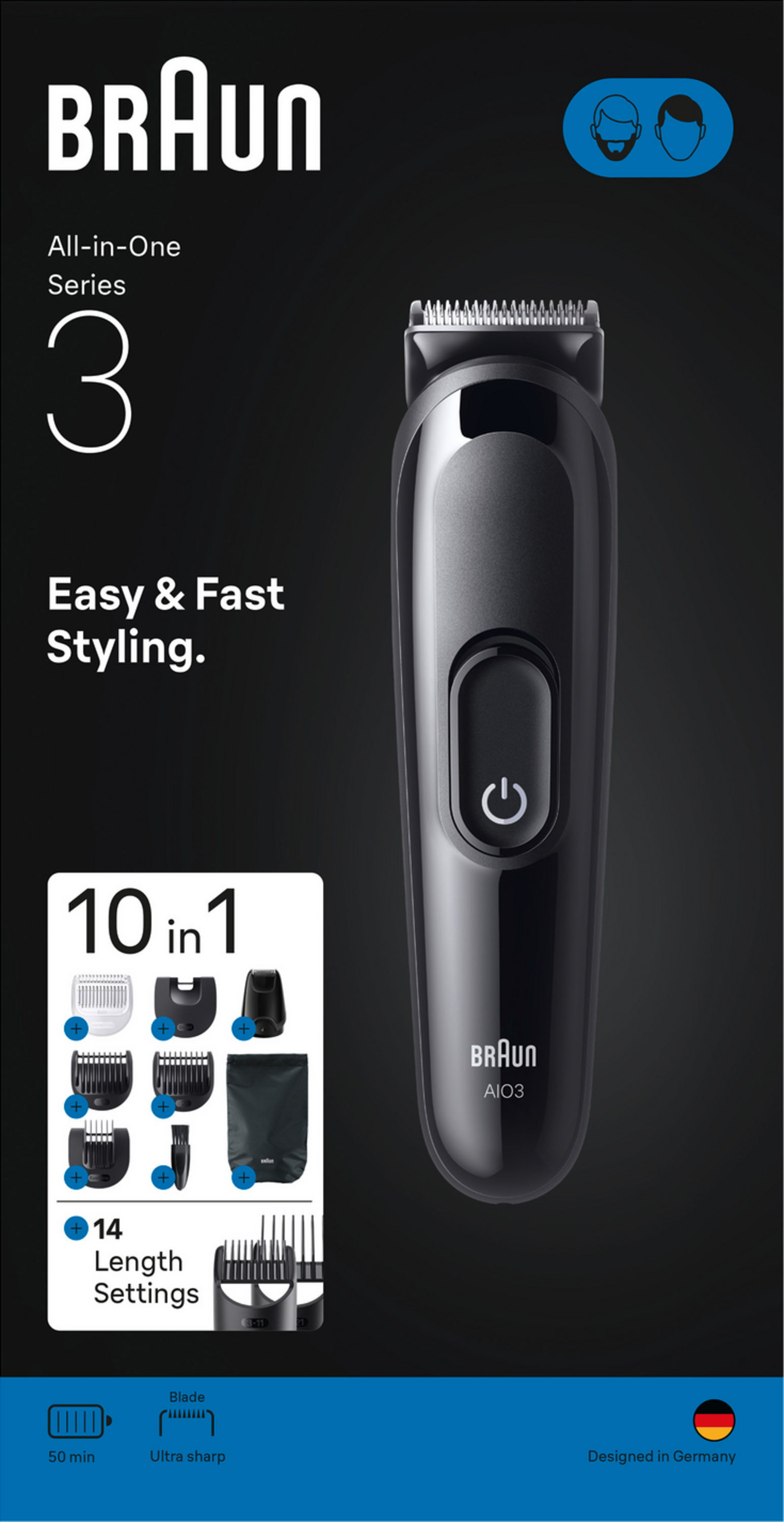 Schwarzer Braun Series 3 Trimmer, mit Aufsätzen und Text.