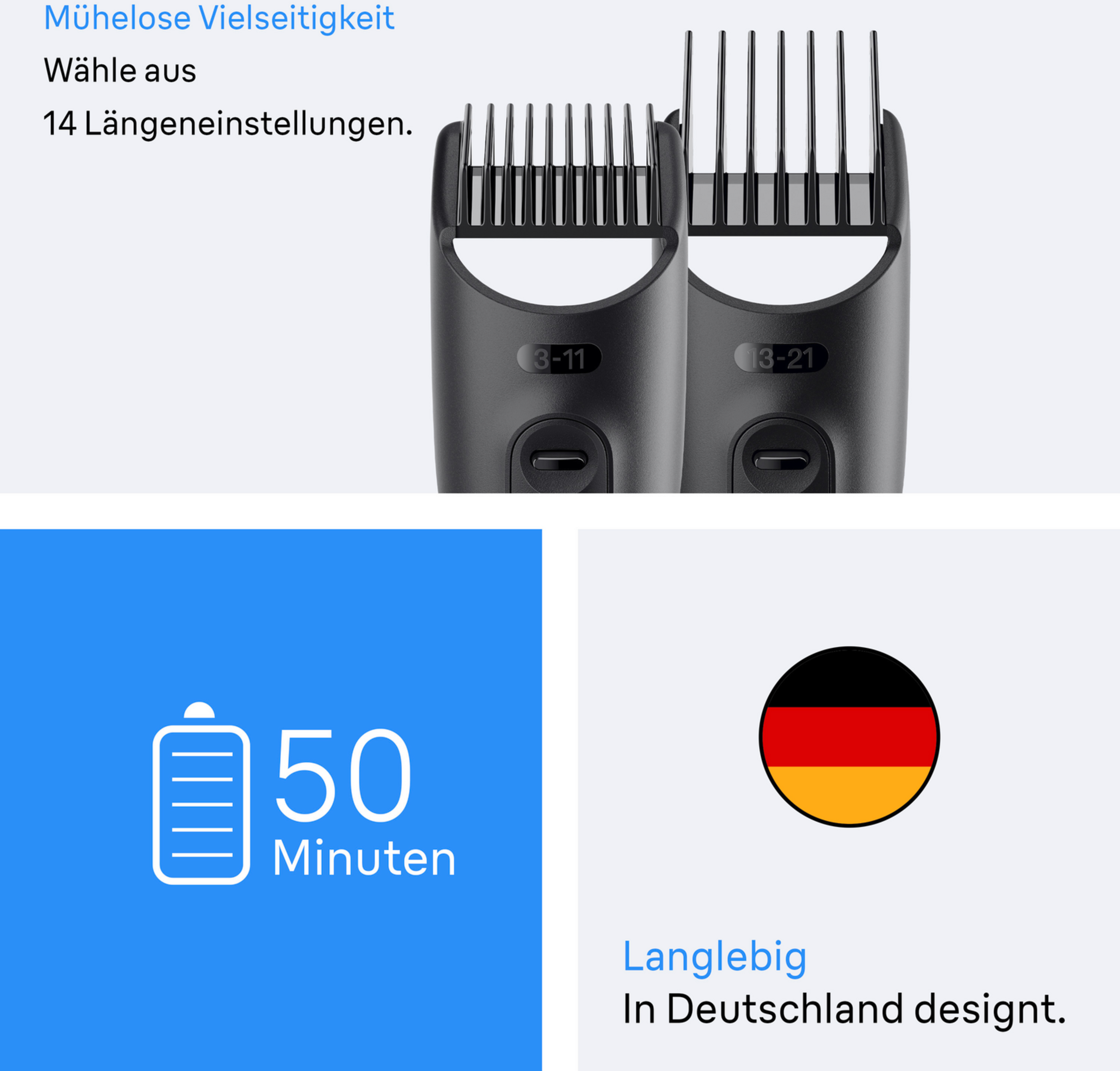 Haarschneider, mit zwei verschiedenen Aufsätzen, einem 50-Minuten-Akku-Symbol und einer Deutschlandflagge.