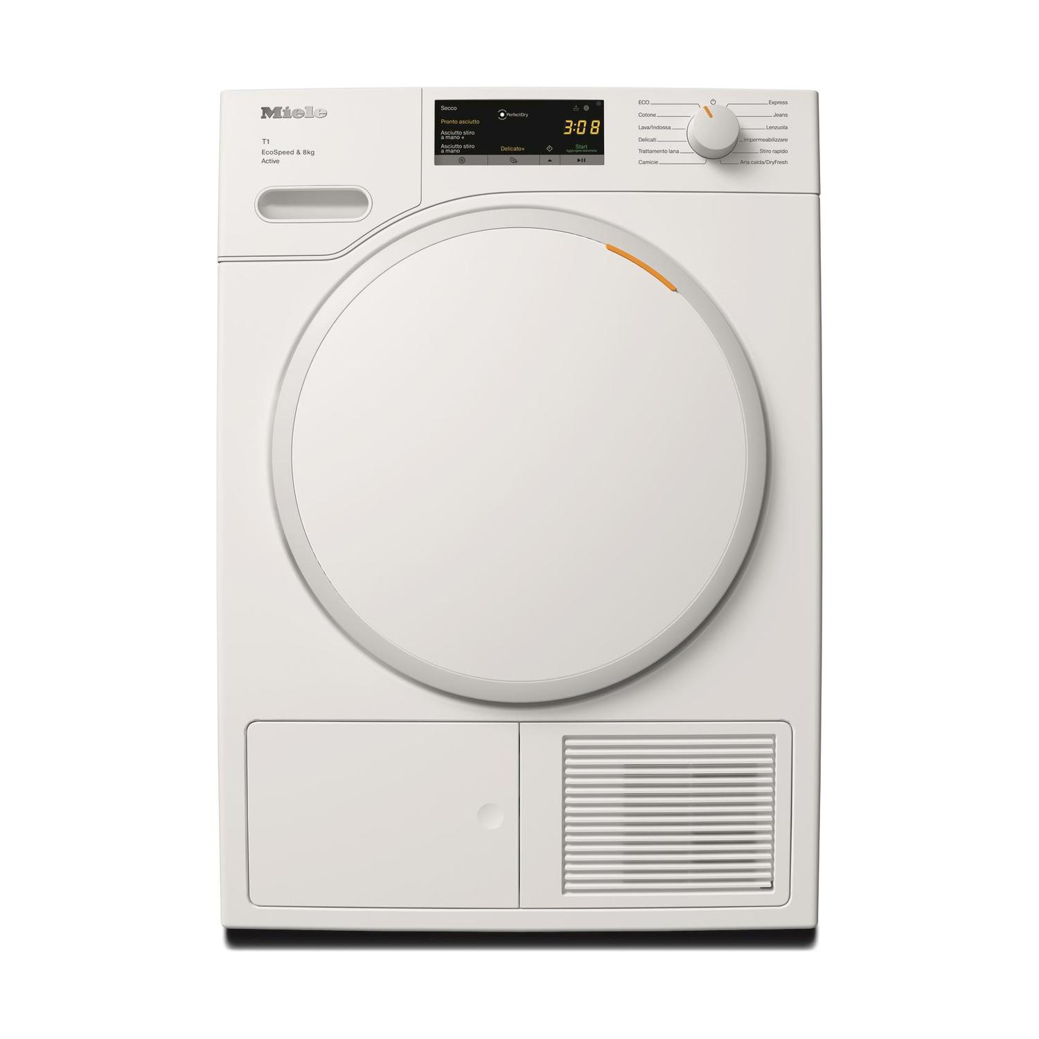 Un'asciugatrice Miele T1 bianca, vista frontale, con display digitale e pannello di controllo, su sfondo bianco.