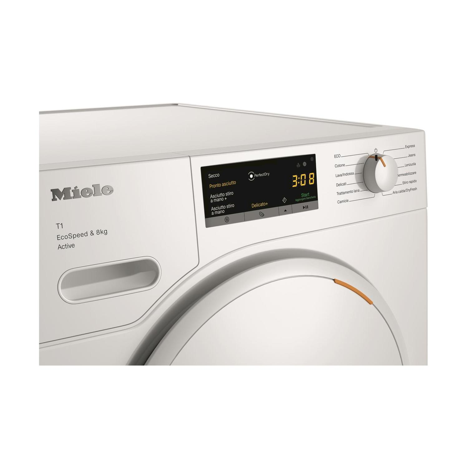 Pannello comandi lavatrice bianco con display e pulsanti.
