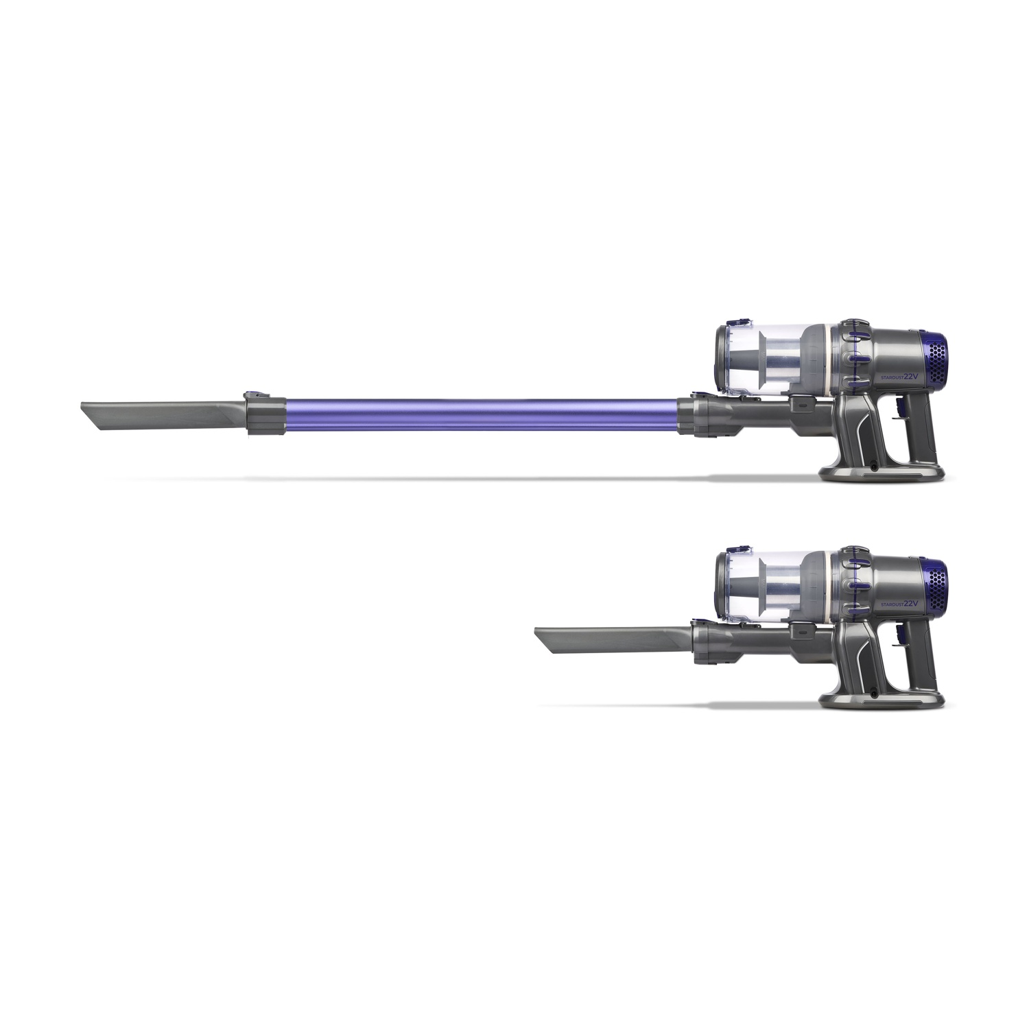 Due aspirapolvere senza fili. Uno esteso, uno compatto. Tubo viola e corpo grigio su sfondo bianco.