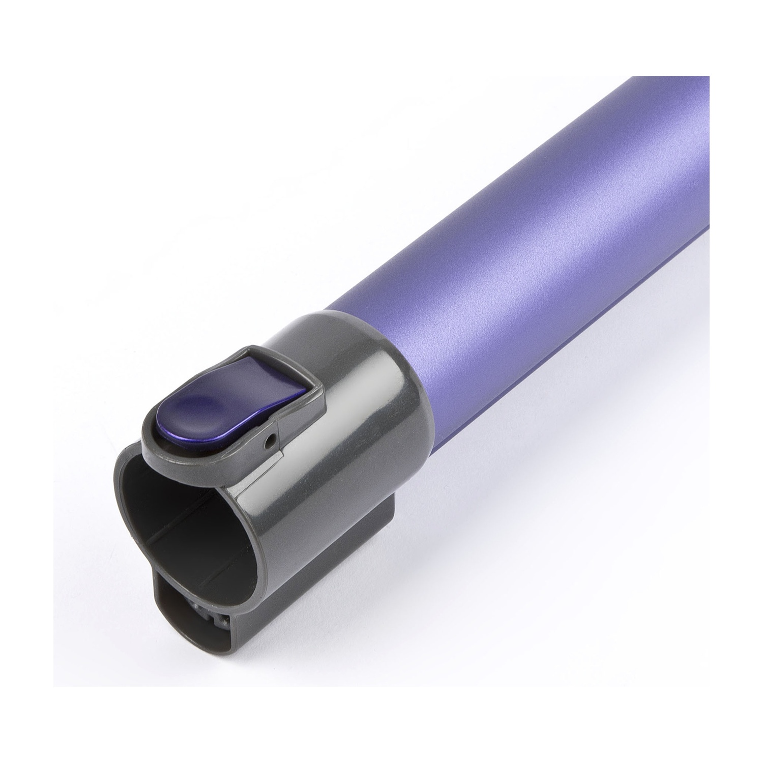 Un primo piano di un accessorio per aspirapolvere viola con un pulsante.