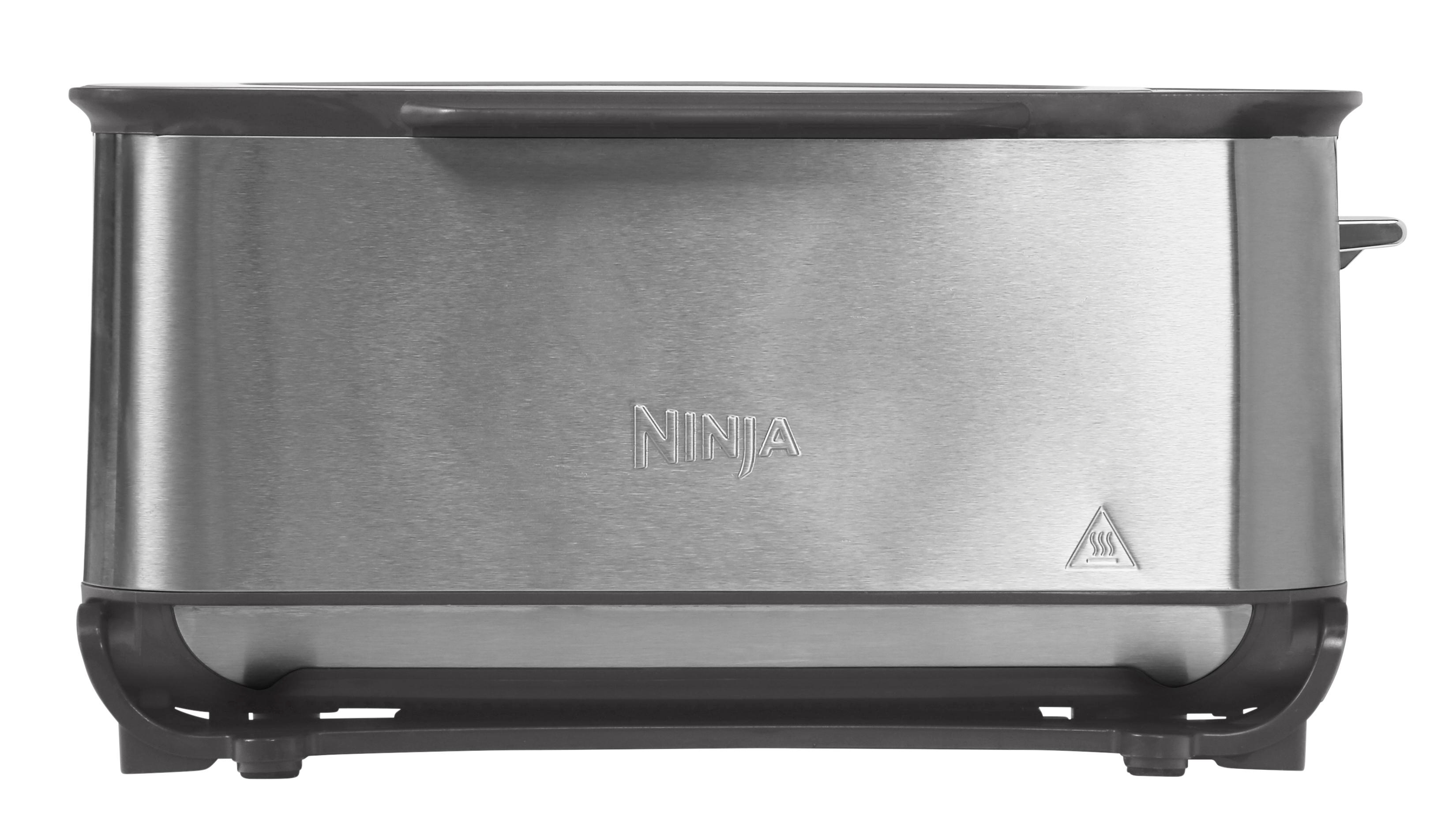 Ein silberner Ninja-Toaster mit einem dunkelgrauen Griff.