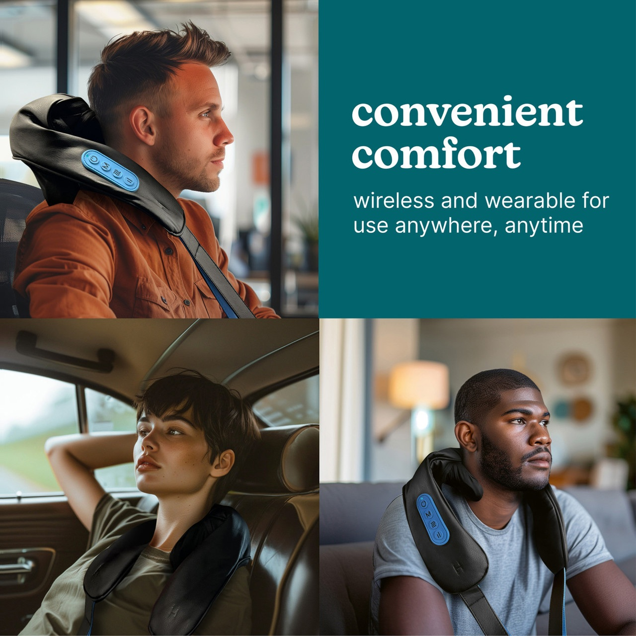 Osoby korzystające z masażera szyi. Wygodny komfort to tekst na zdjęciu.
