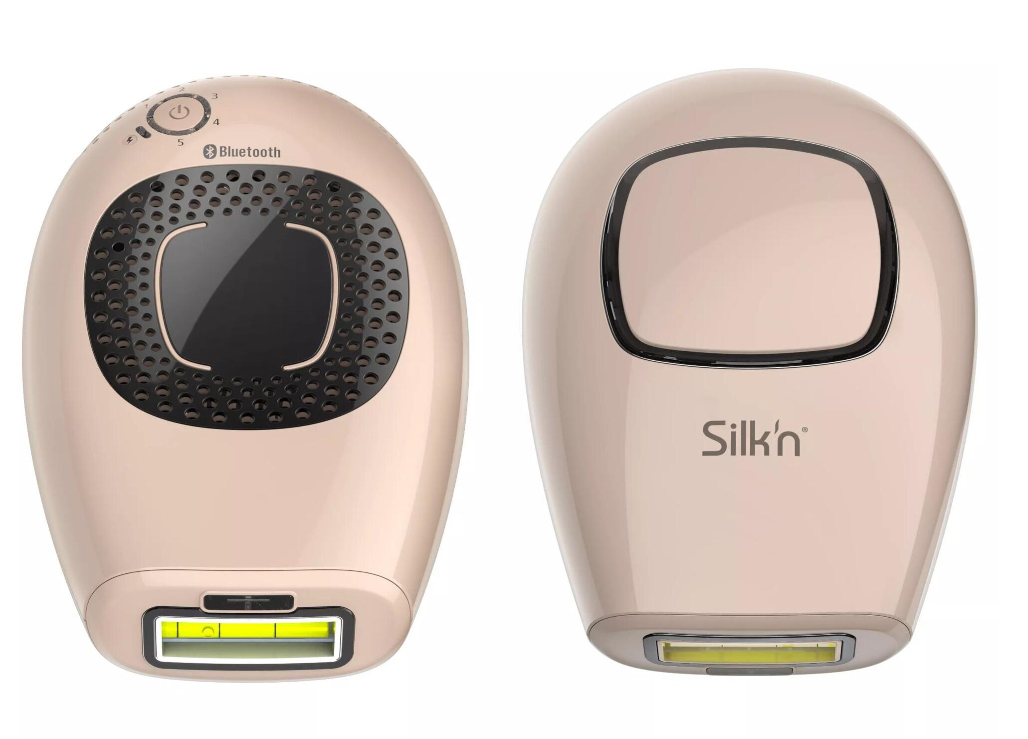 Dwa różowo-złote urządzenia do usuwania włosów Silk'n, jedno z widocznym końcem lasera.