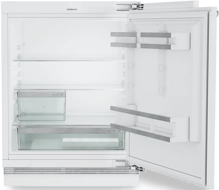 Weißer Kühlschrank mit offener Tür, zeigt Regale und Schubladen, leer im Inneren.