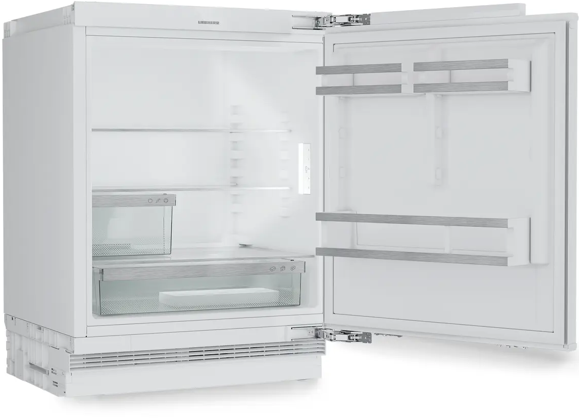 Ein weißer Kühlschrank mit geöffneten Türen, der Regale und eine Schublade zeigt.