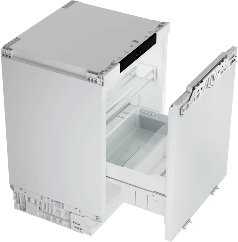 Weißer Kühlschrank mit offener Schublade. Ansicht von oben.