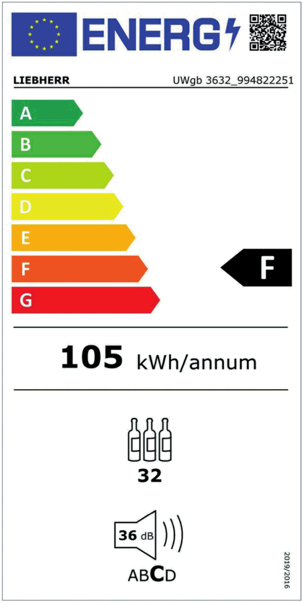 Energielabel mit A bis G, Liebherr-Logo und Gerätedetails.