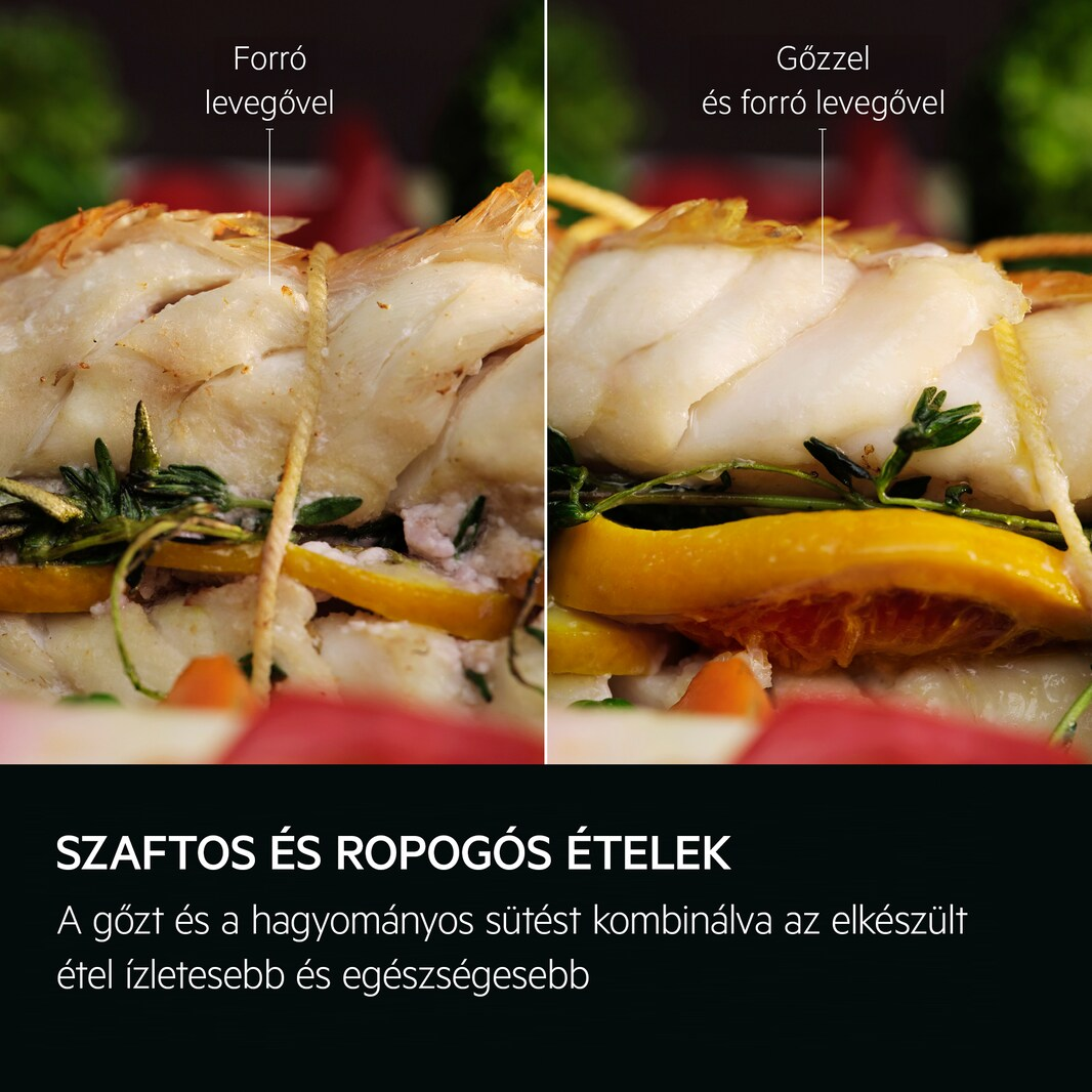 Közeli kép sült halról, citrommal és fűszernövényekkel, a szaftos és ropogós ételekről szóló szöveggel.