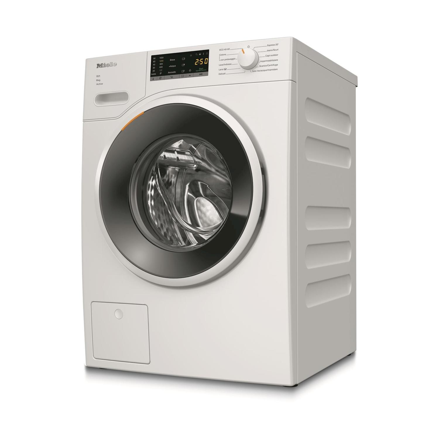 Una lavatrice bianca con porta nera. Il logo Miele è visibile.