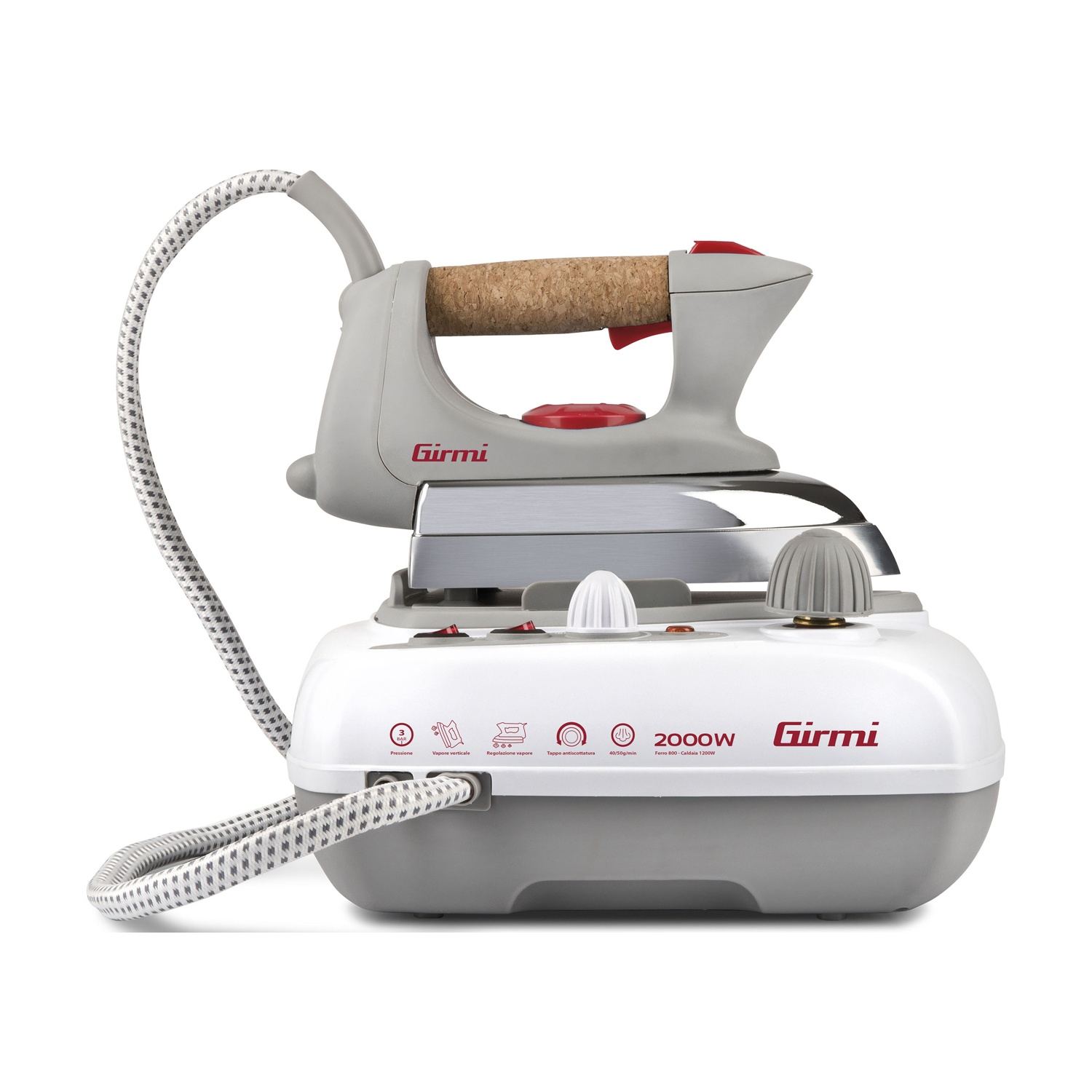 Ferro da stiro a vapore con un design grigio e bianco.