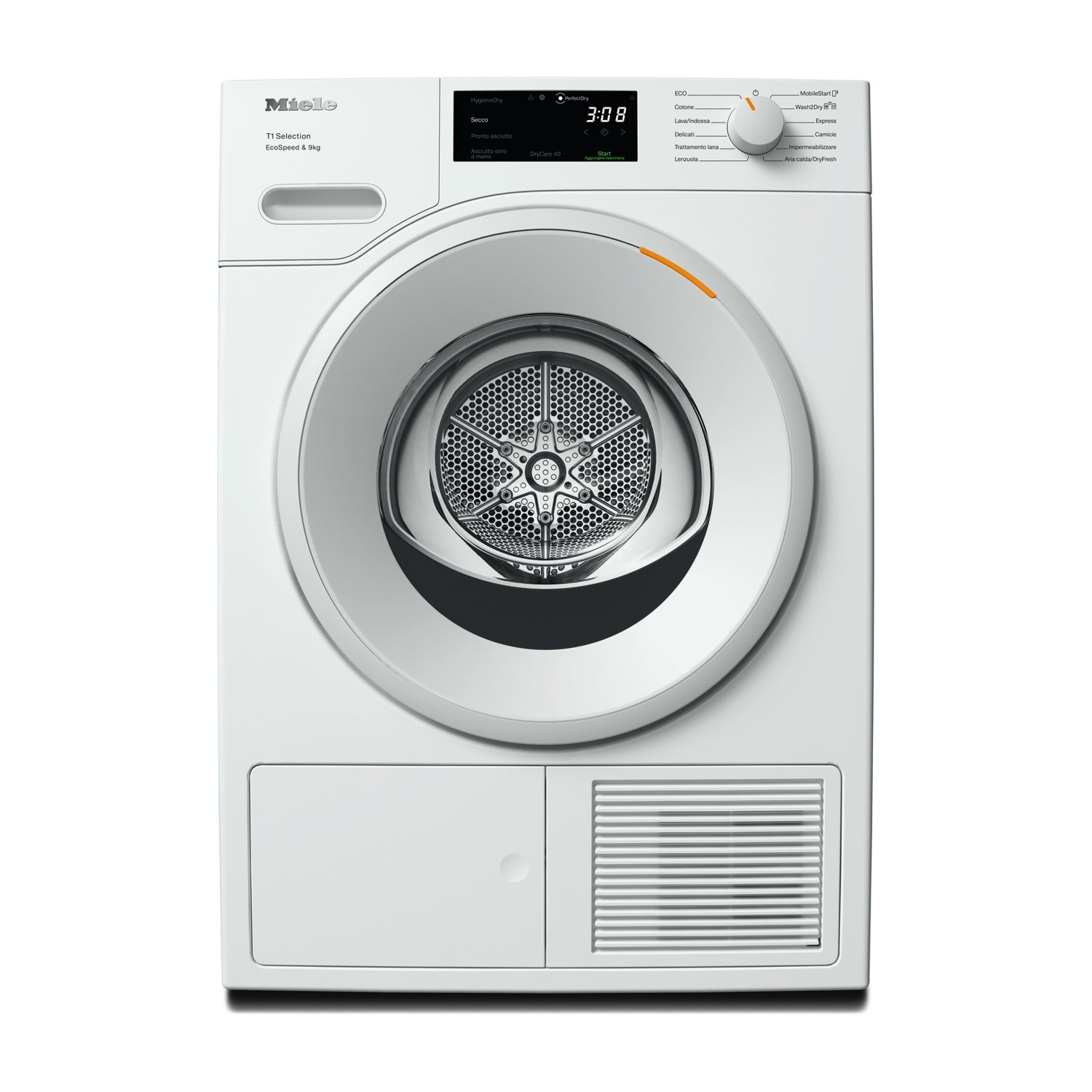 Asciugatrice Miele bianca. Ha una porta rotonda con schermo e pannello di controllo.