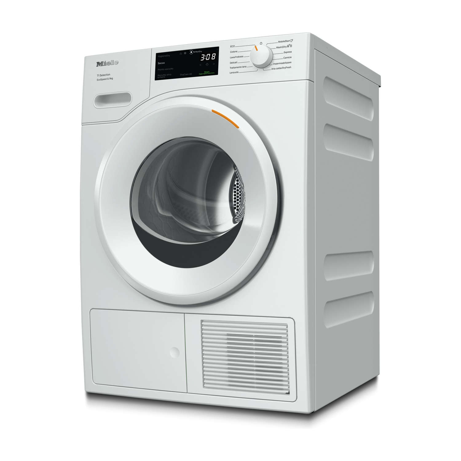 Asciugatrice Miele T1 Selection 8 kg bianca con pannello di controllo e porta chiusa.