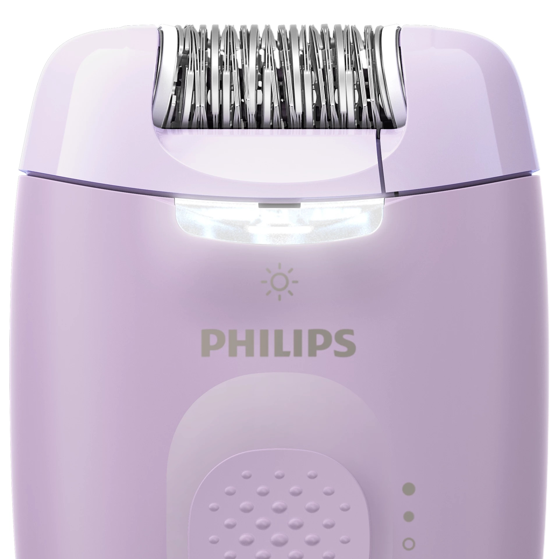 Liliowa golarka elektryczna, ze srebrną głowicą tnącą i logo Philips z przodu.