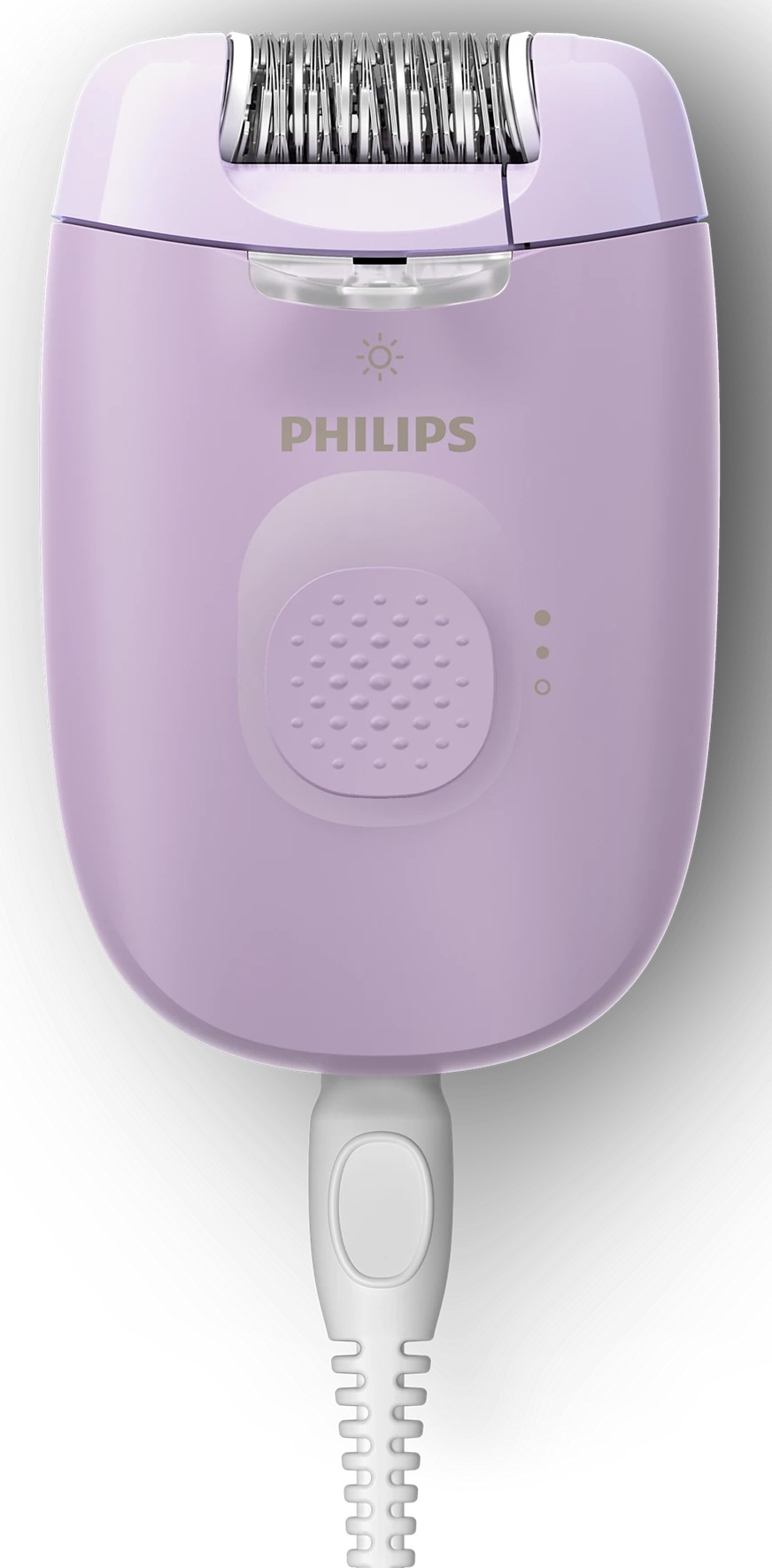 Fioletowy depilator elektryczny z przewodem.