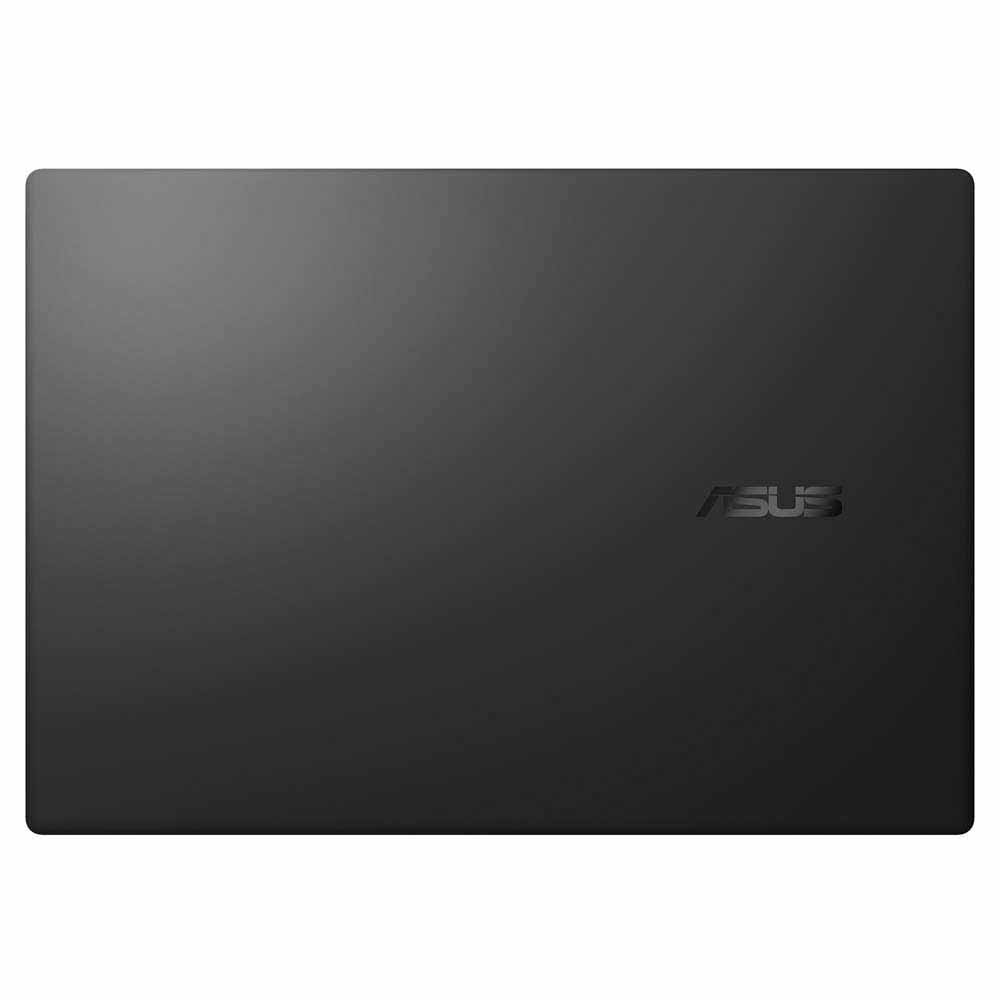 Siyah dizüstü bilgisayar, arkadan görünüm, köşede ASUS logosu görünüyor.
