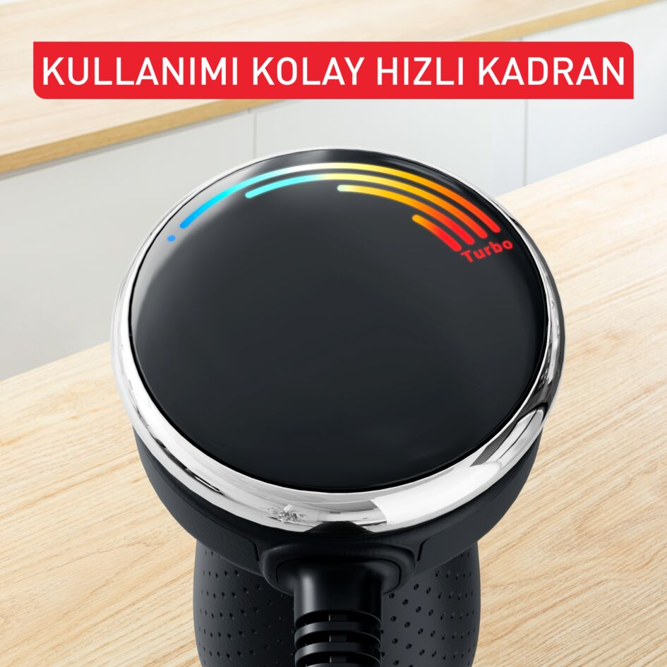 Üzerinde 'Turbo' yazan bir kadranı olan siyah bir cihazın yakın çekimi. Üstünde 'Kullanımı kolay hızlı kadran' yazısı var.