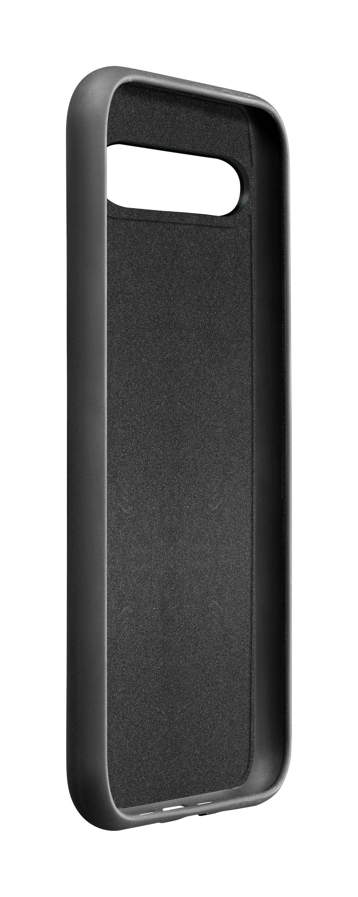 Eine schwarze Handyhülle mit strukturierter Innenseite und einer Öffnung für die Kamera, vor weißem Hintergrund.