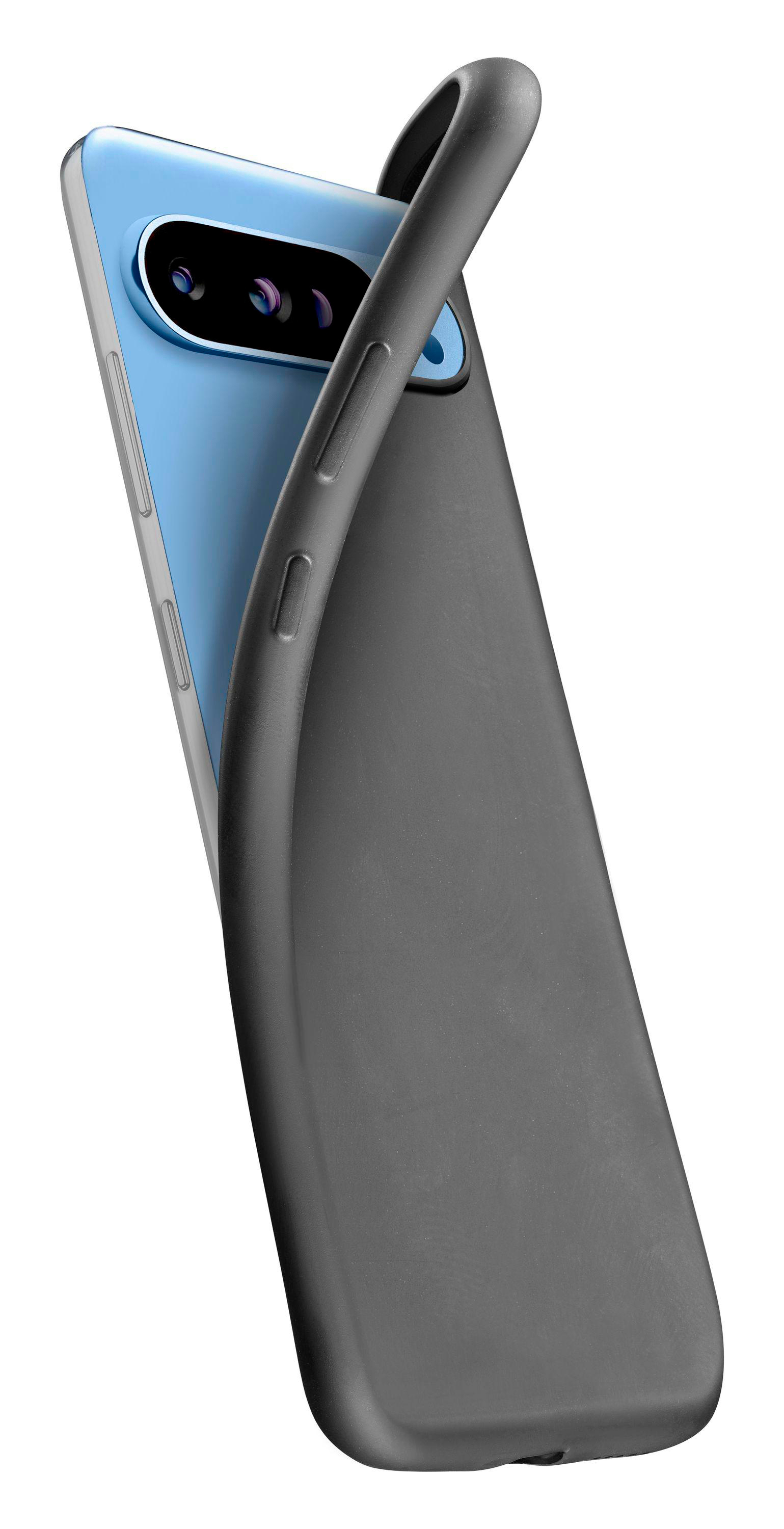 Ein Telefon mit blauem Rücken wird mit einer dunkelgrauen Handyhülle gezeigt, die es teilweise bedeckt.