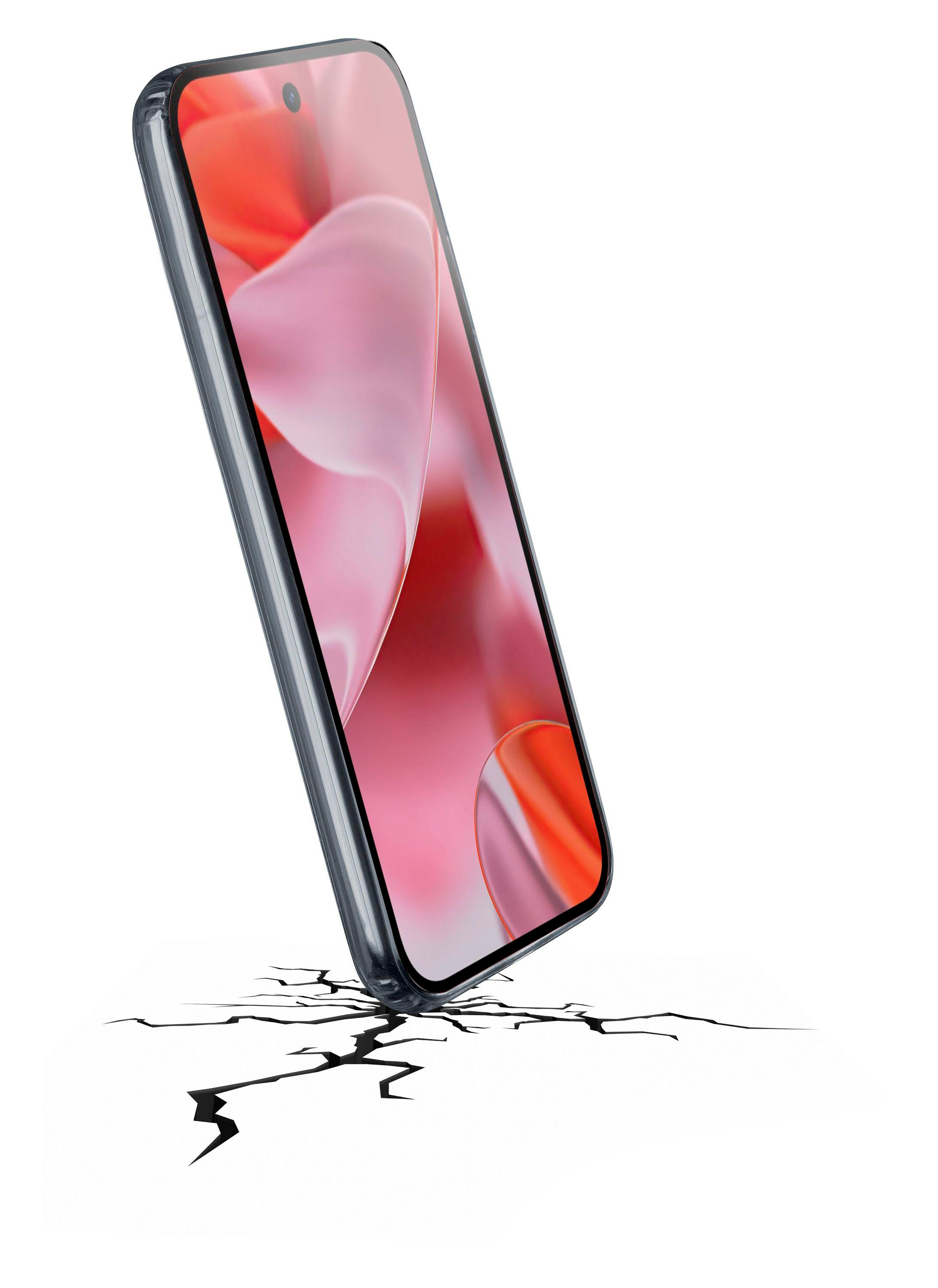 Ein Smartphone mit rosa-orangefarbenem Bildschirm ist abgewinkelt und berührt eine Oberfläche. Risse gehen vom Kontaktpunkt aus.
