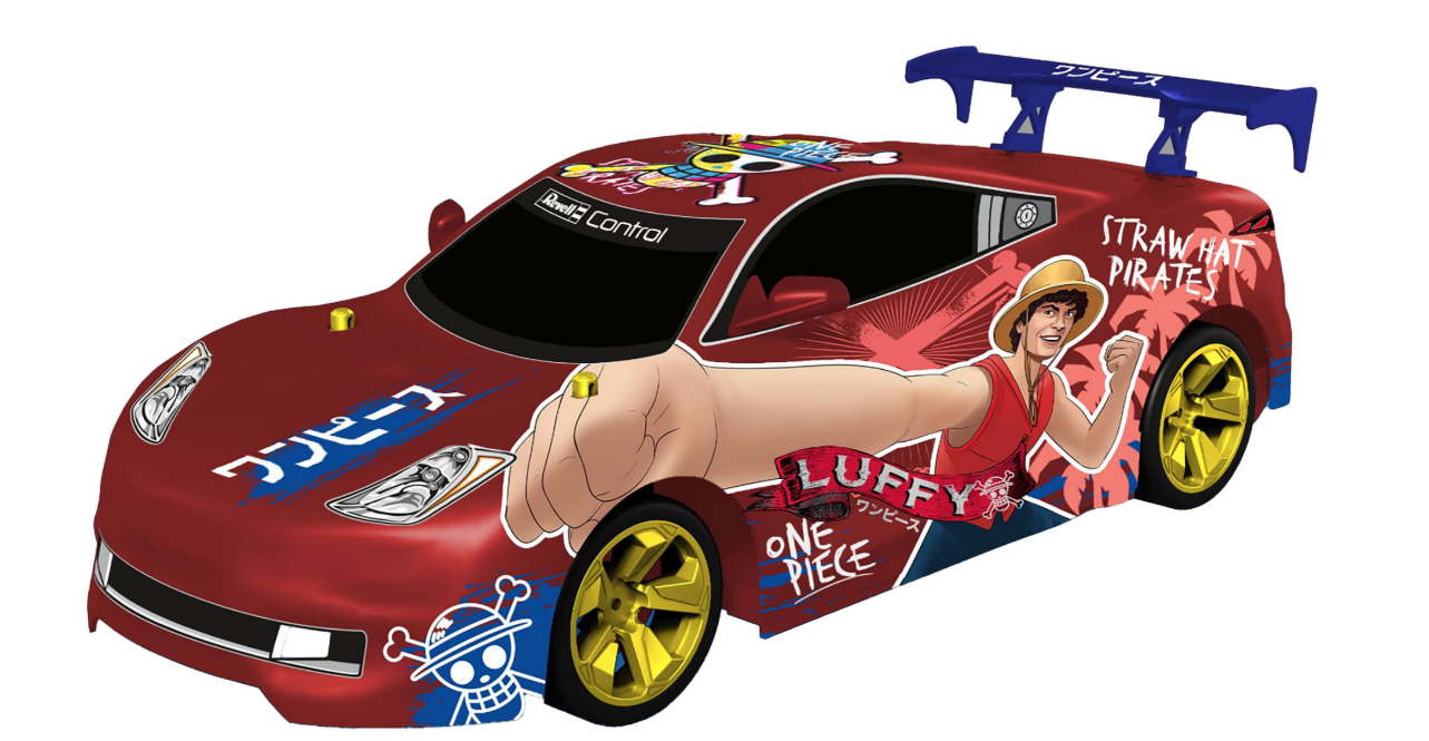 Rotes One Piece-Rennauto mit Luffy-Grafik, Spoilern und Branding auf weißem Hintergrund.