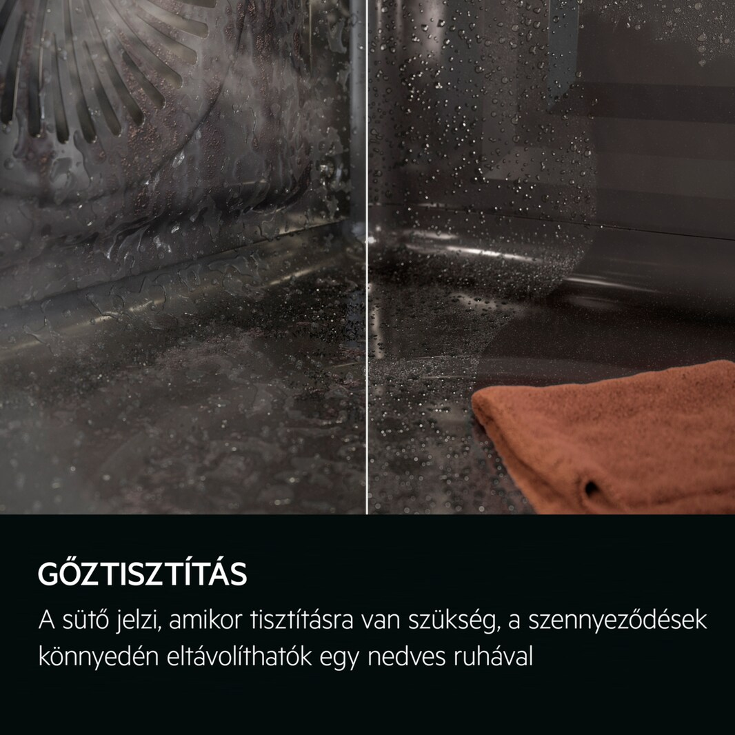 A sütő belsejének közeli képe, gőztisztítást mutat szöveggel.
