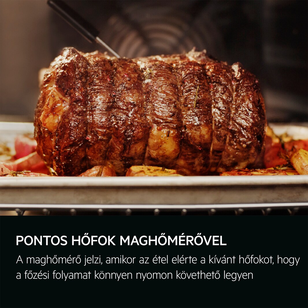 Sült hús tálcán zöldségekkel. Szöveg: 'Pontos hőmérséklet húshőmérővel'.