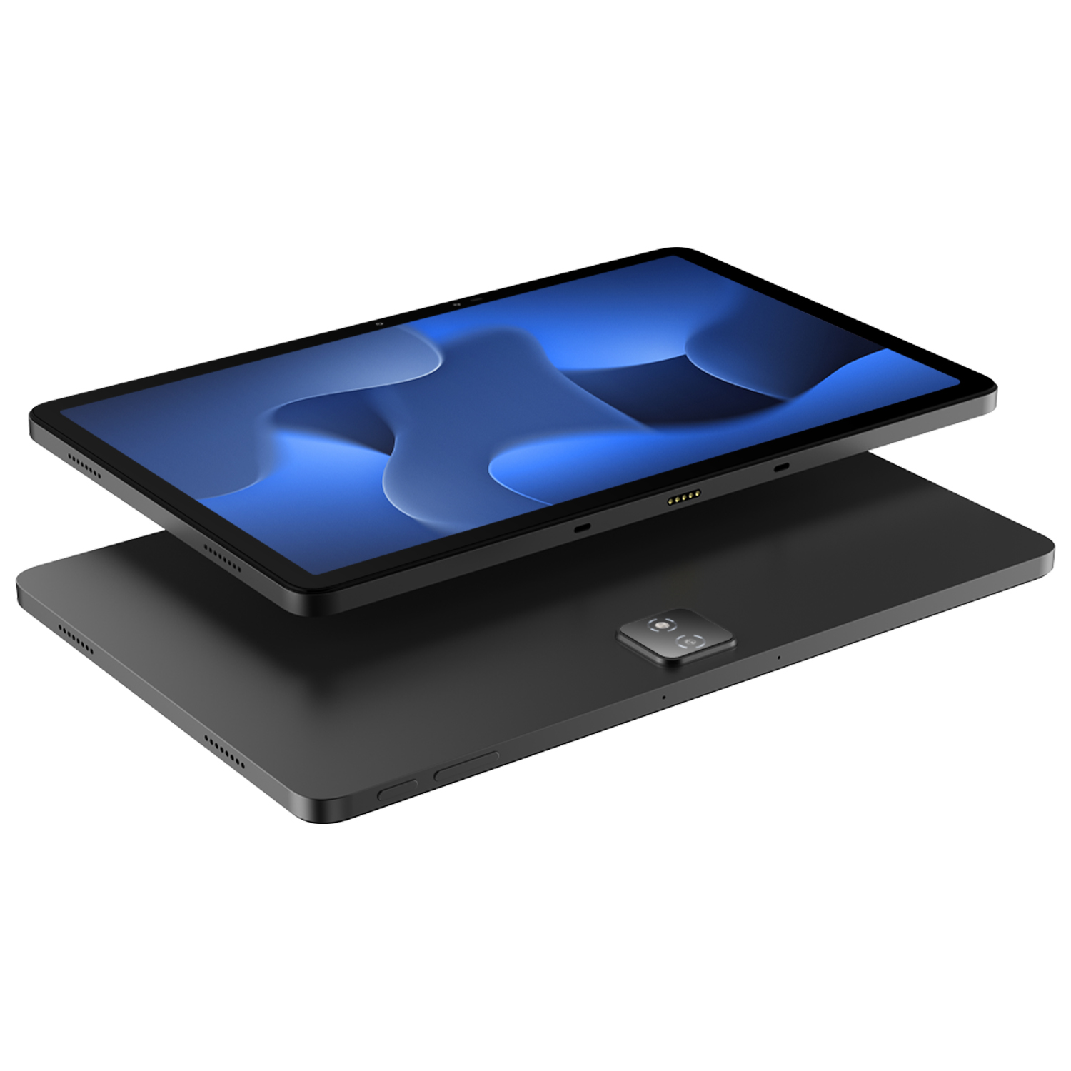 Siyah ekranlı ve arkasında kamerası olan siyah bir tablet, beyaz zemin üzerinde.