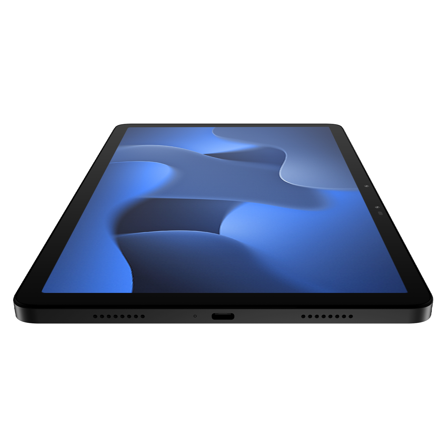 Mavi bir gradyanı gösteren ekranlı siyah tablet, düşük bir açıdan görülüyor.